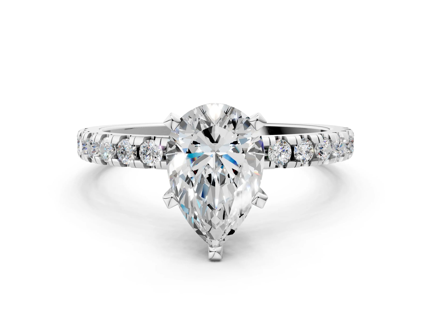 Pear Cut Diamond Hidden Halo Solitaire Ring in White gold with Round Pavé Band and Prong Setting_24
