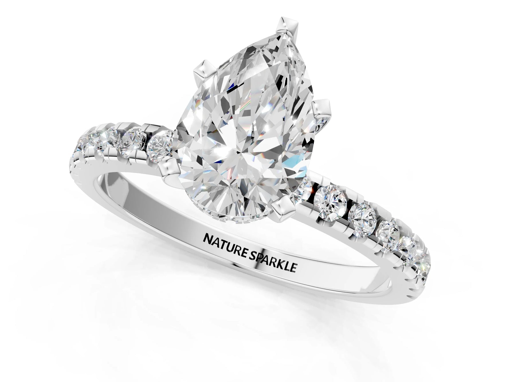 Pear Cut Diamond Hidden Halo Solitaire Ring in White gold with Round Pavé Band and Prong Setting_25