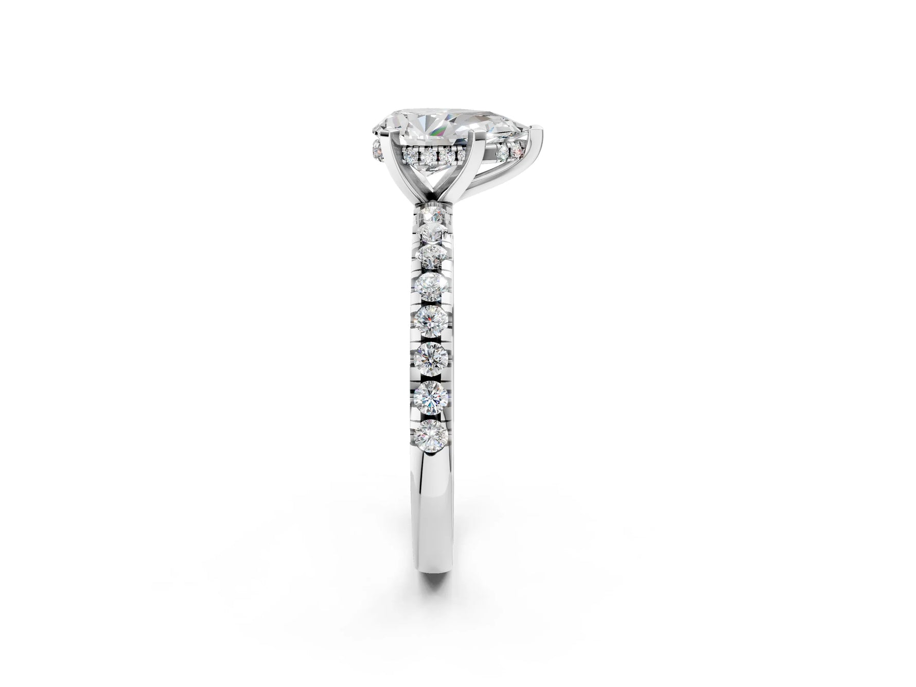 Pear Cut Diamond Hidden Halo Solitaire Ring in White gold with Round Pavé Band and Prong Setting_26