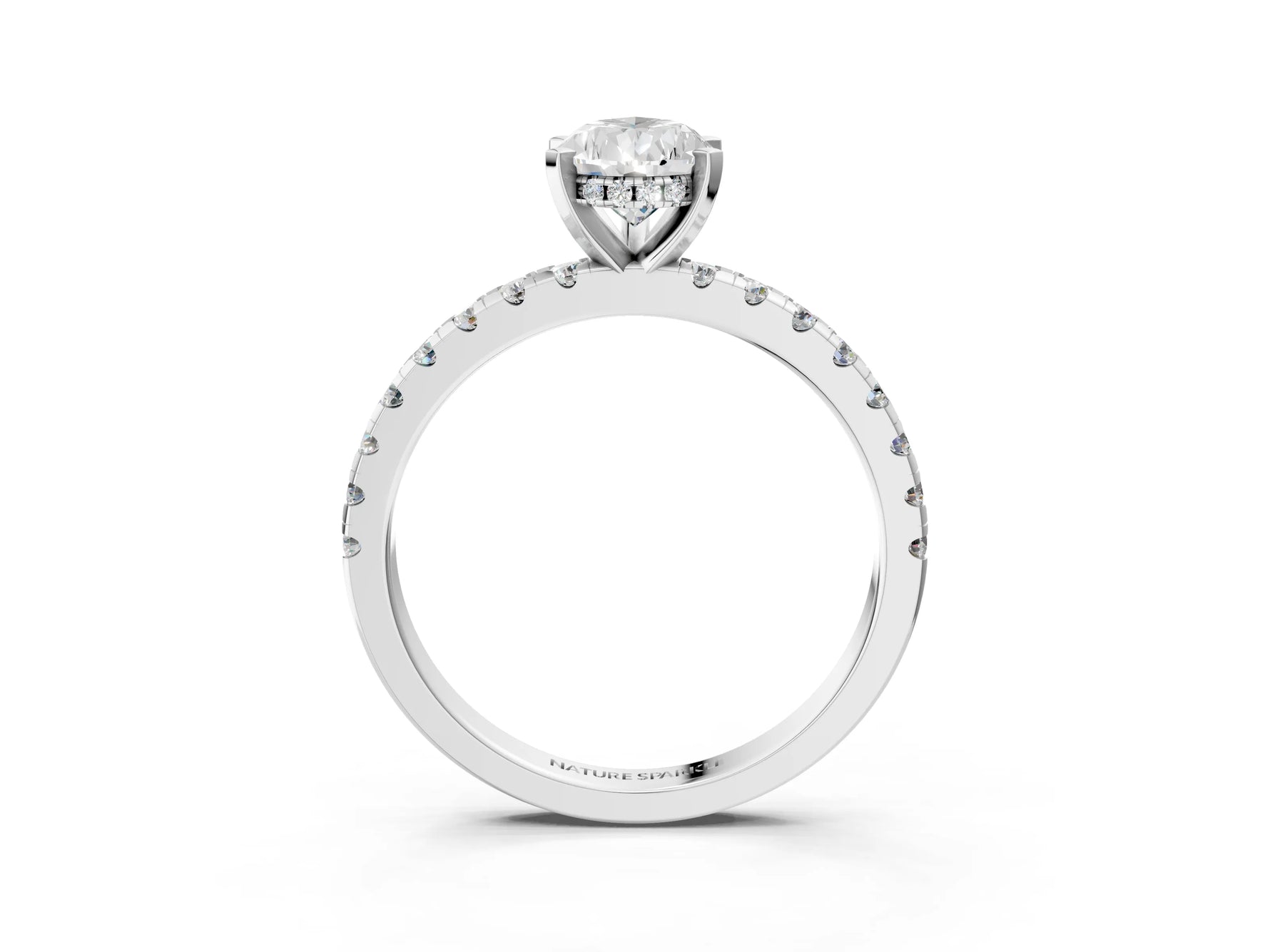 Pear Cut Diamond Hidden Halo Solitaire Ring in White gold with Round Pavé Band and Prong Setting_27