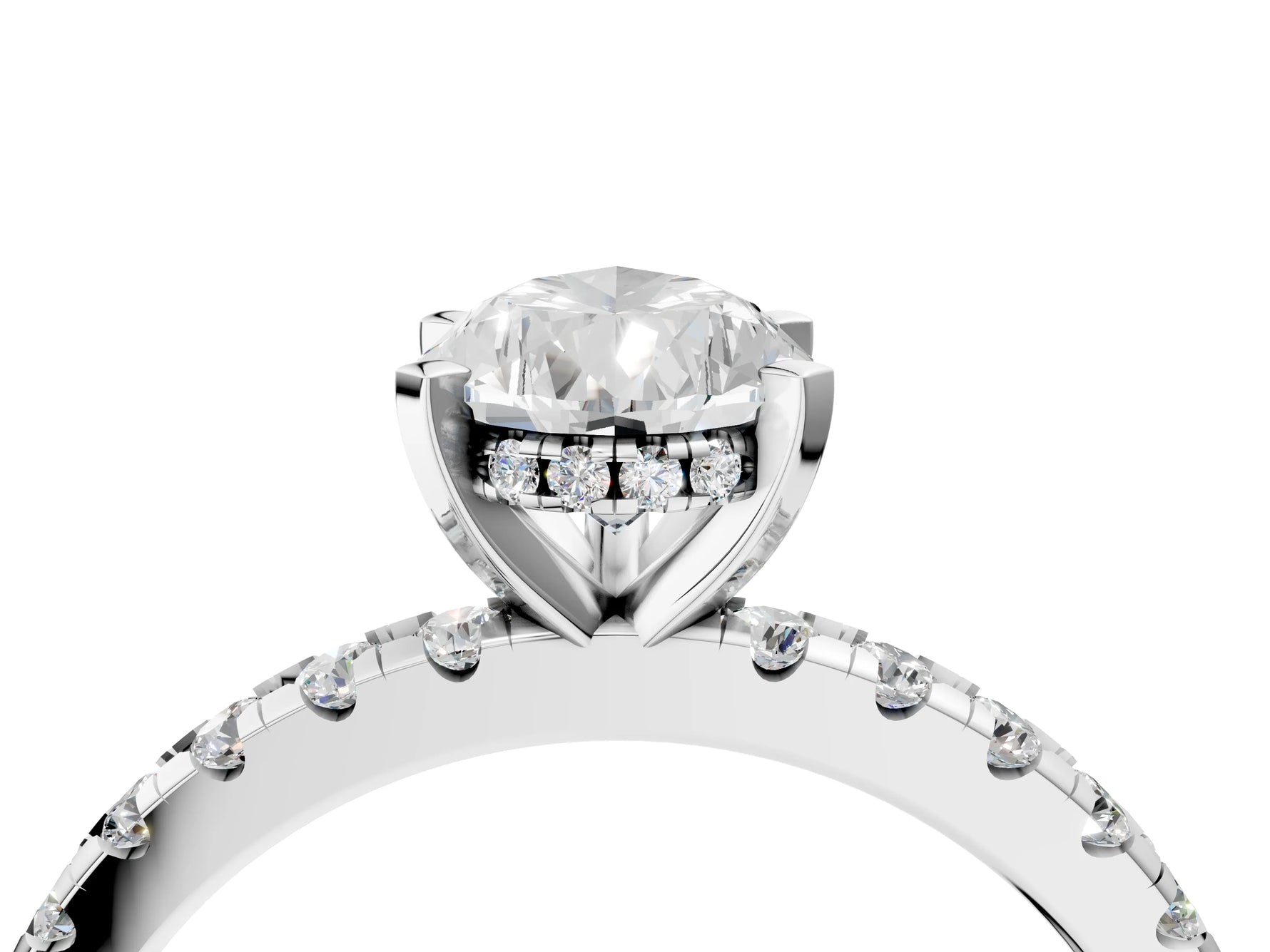 Pear Cut Diamond Hidden Halo Solitaire Ring in White gold with Round Pavé Band and Prong Setting_28