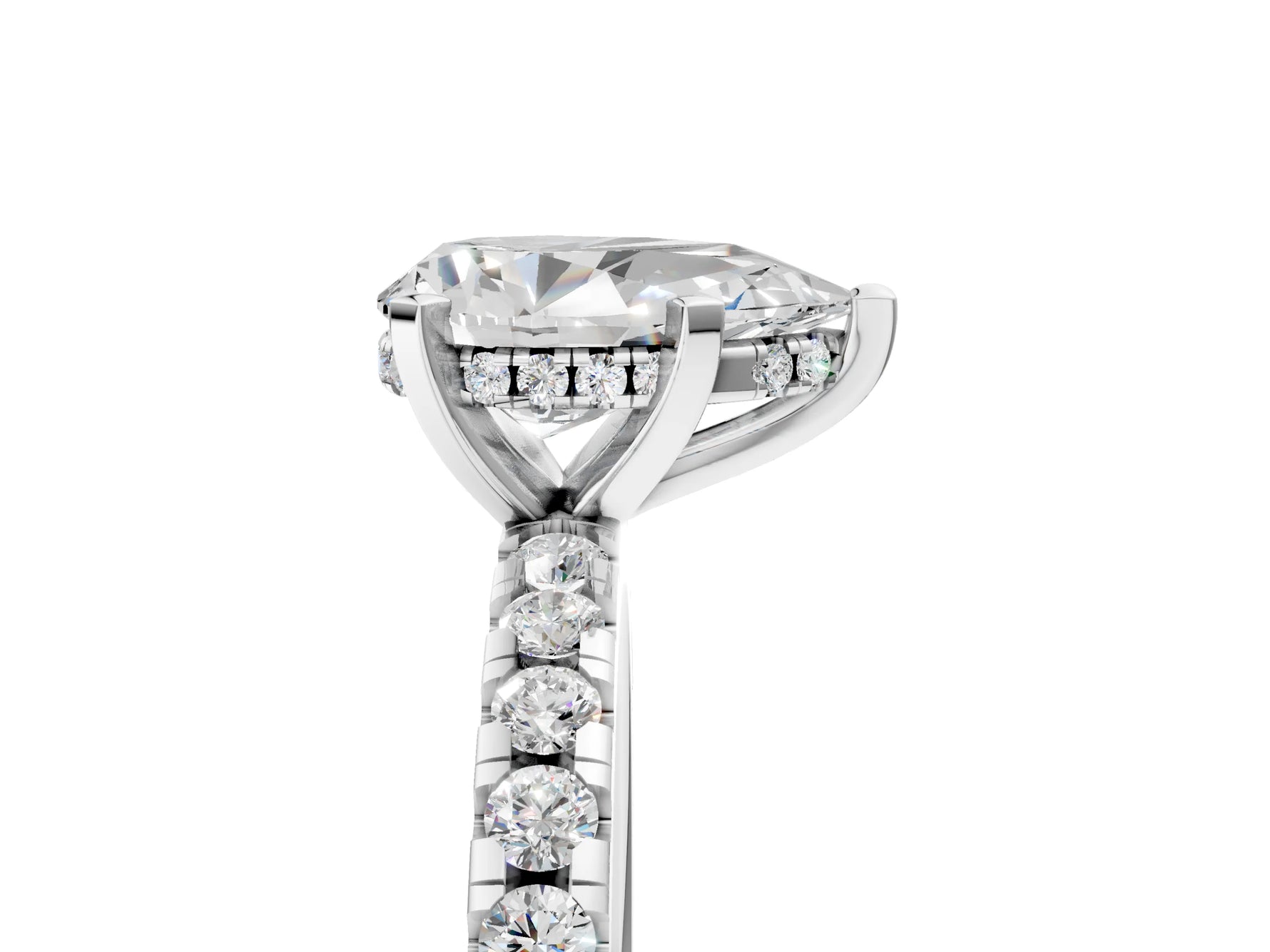 Pear Cut Diamond Hidden Halo Solitaire Ring in White gold with Round Pavé Band and Prong Setting_29