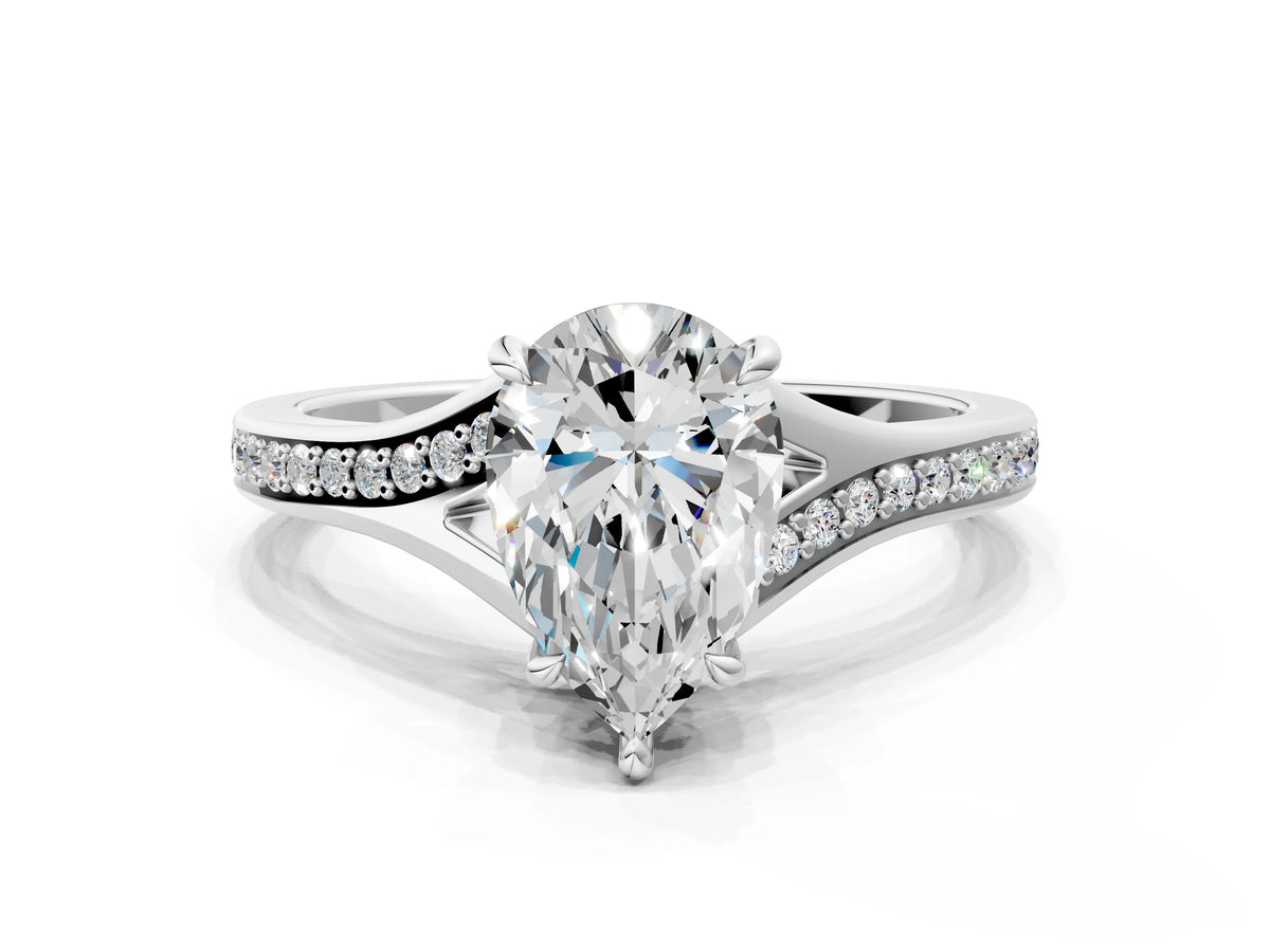 Pear Cut Diamond Hidden Halo Solitaire Ring in White gold with Round Pavé Band and Prong Setting_36