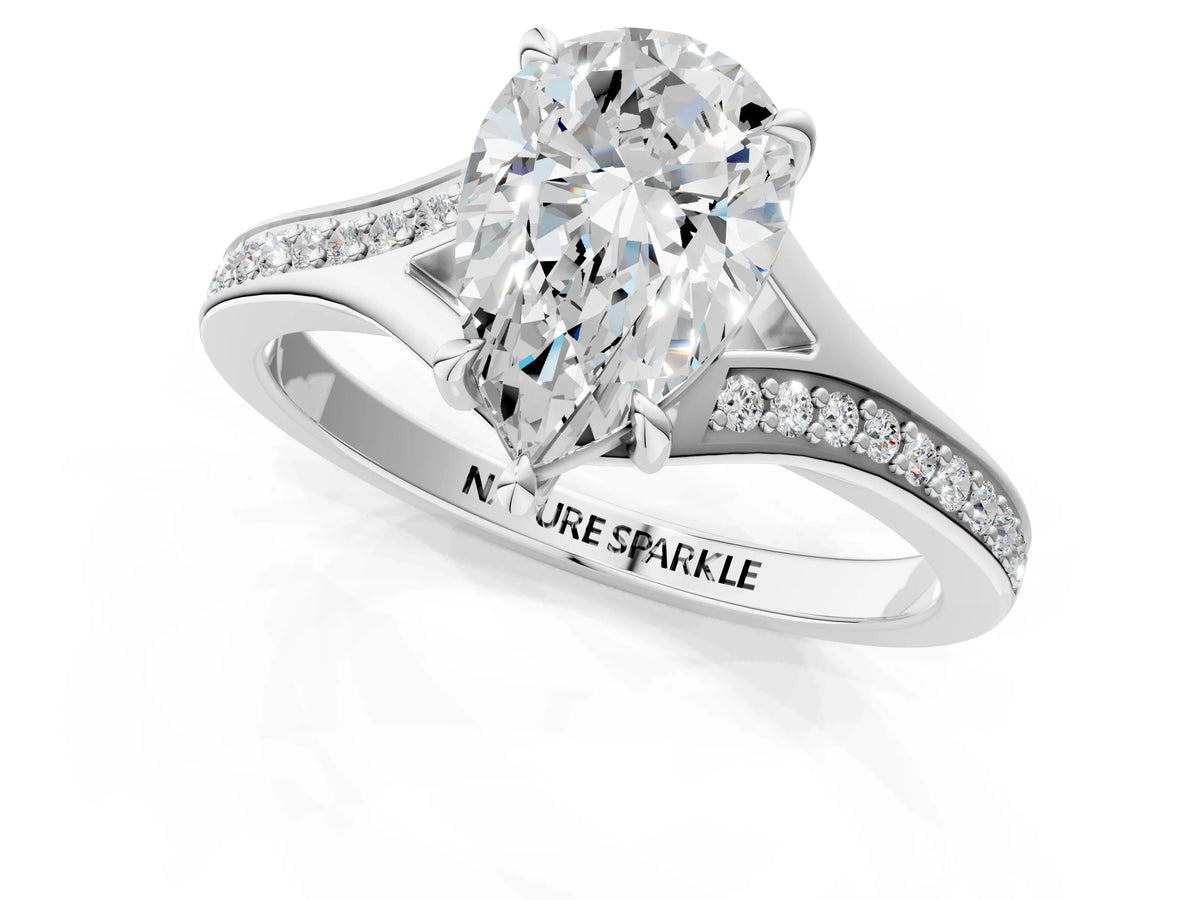 Pear Cut Diamond Hidden Halo Solitaire Ring in White gold with Round Pavé Band and Prong Setting_37
