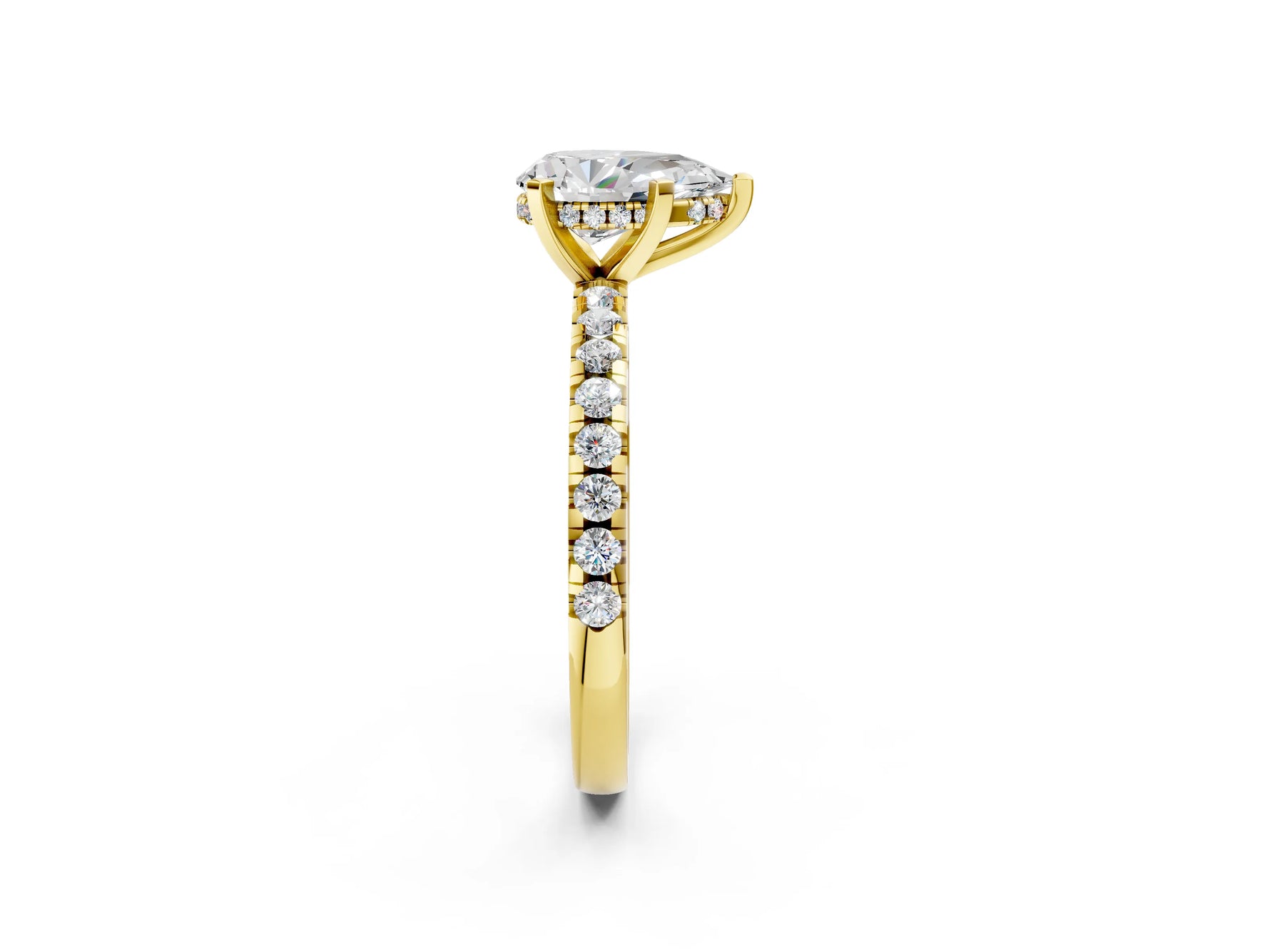 Pear Cut Diamond Hidden Halo Solitaire Ring in Yellow gold with Round Pavé Band and Prong Setting_26