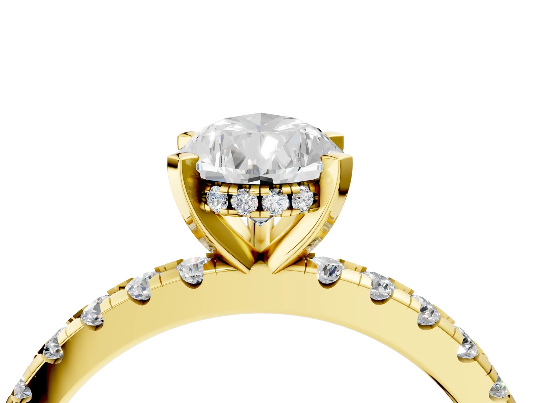 Pear Cut Diamond Hidden Halo Solitaire Ring in Yellow gold with Round Pavé Band and Prong Setting_28