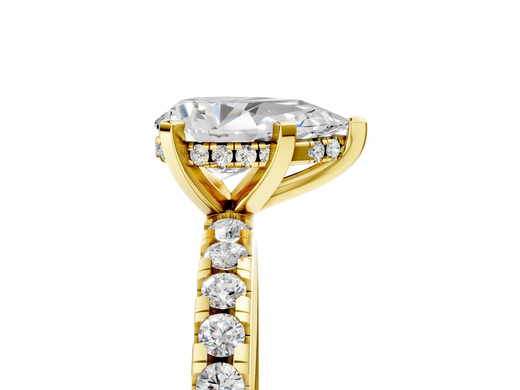 Pear Cut Diamond Hidden Halo Solitaire Ring in Yellow gold with Round Pavé Band and Prong Setting_29