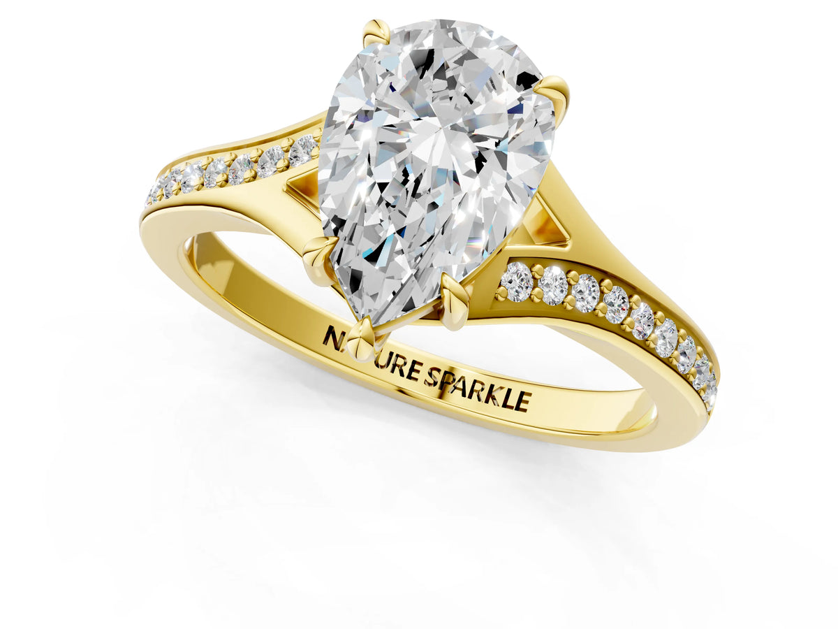Pear Cut Diamond Hidden Halo Solitaire Ring in Yellow gold with Round Pavé Band and Prong Setting_61