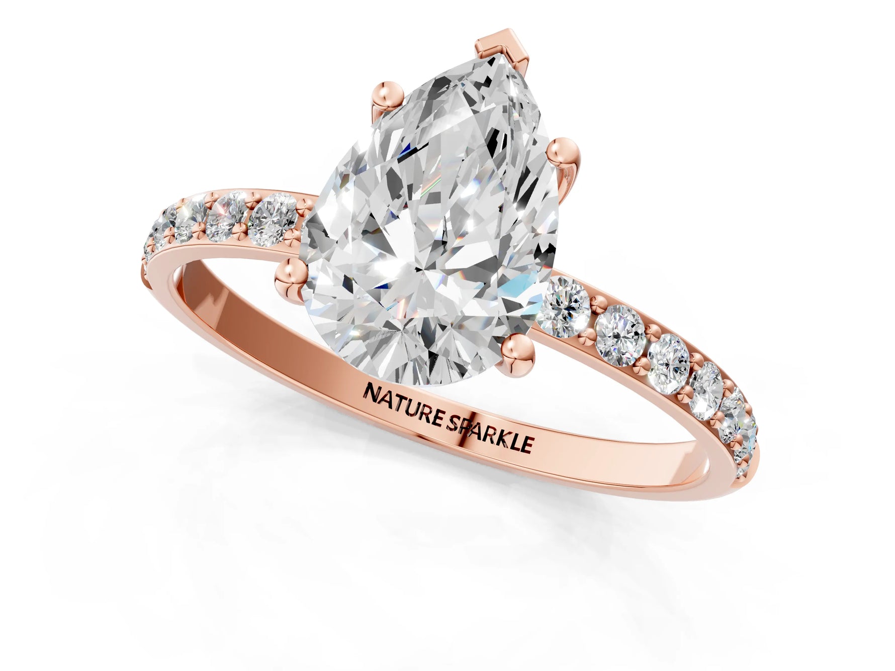 Pear Cut Diamond Pavé Band Solitaire Ring in Rose gold with Round Accents_25