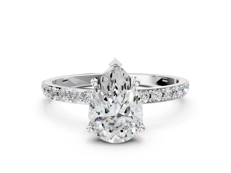 Pear Cut Diamond Pavé Band Solitaire Ring in White gold with Round Accents