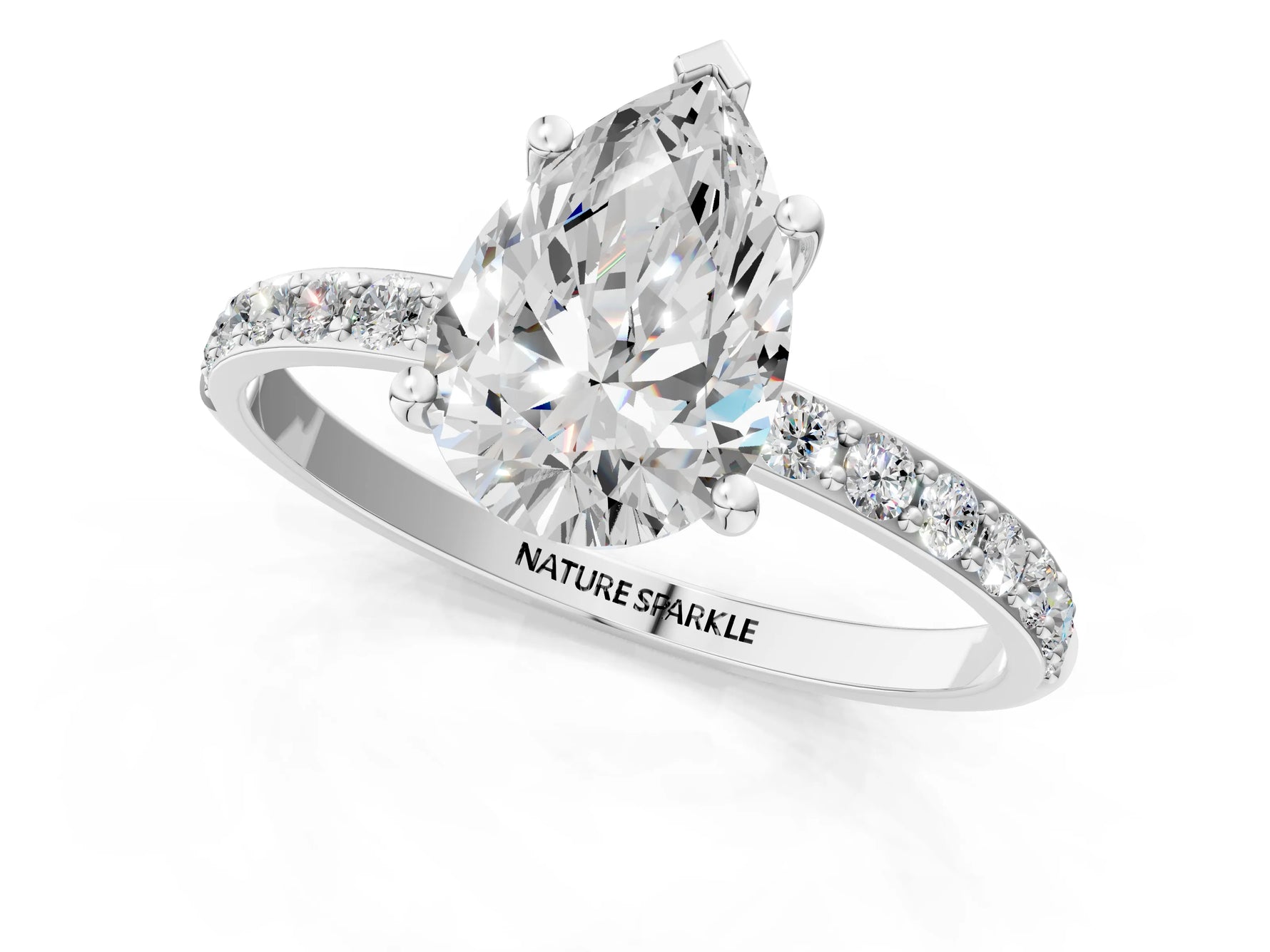 Pear Cut Diamond Pavé Band Solitaire Ring in White gold with Round Accents_25