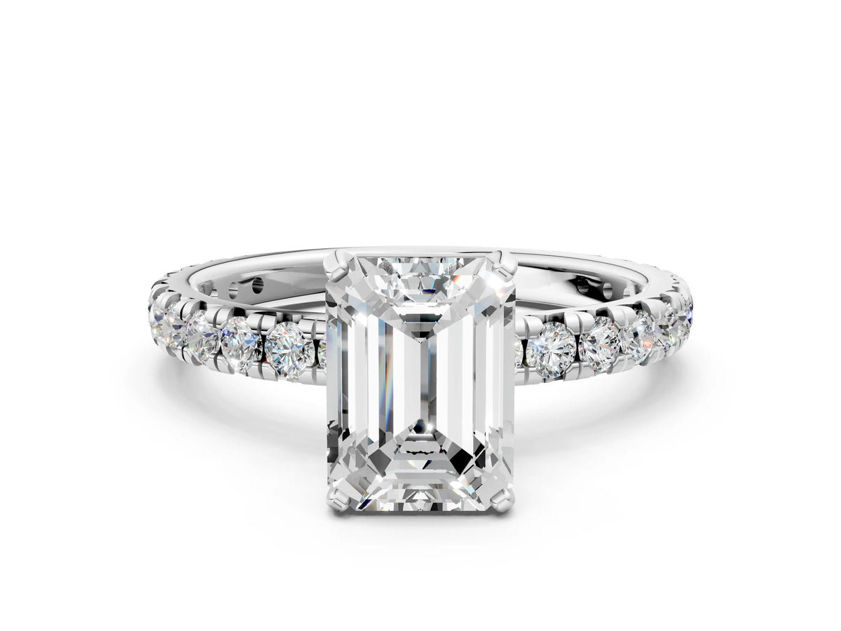 Pear Cut Diamond Pavé Solitaire Ring in Silver with Round Pavé Band and Prong Setting