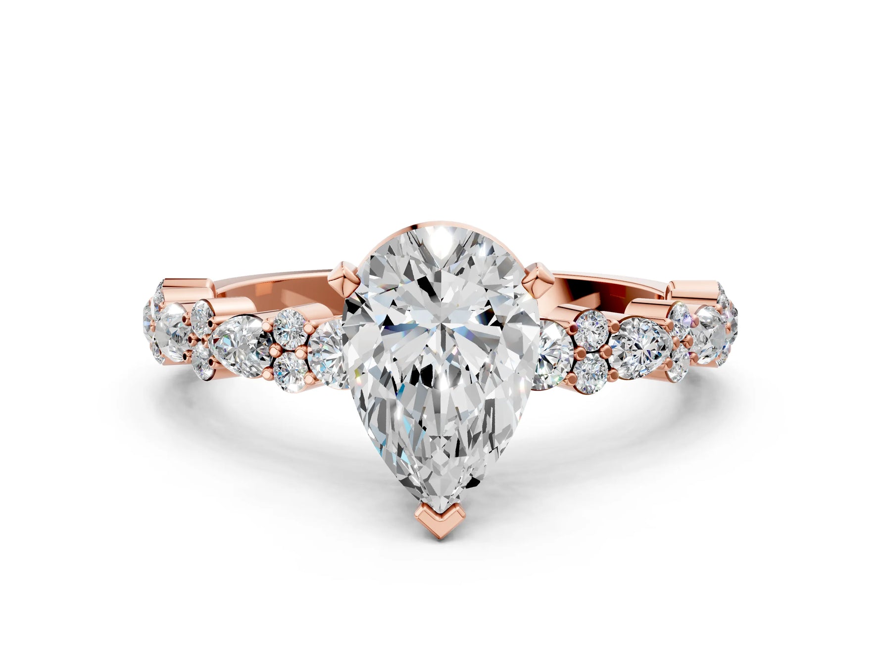 Pear Cut Diamond Solitaire Ring in Rose gold with Pear and Round Cluster Band_12