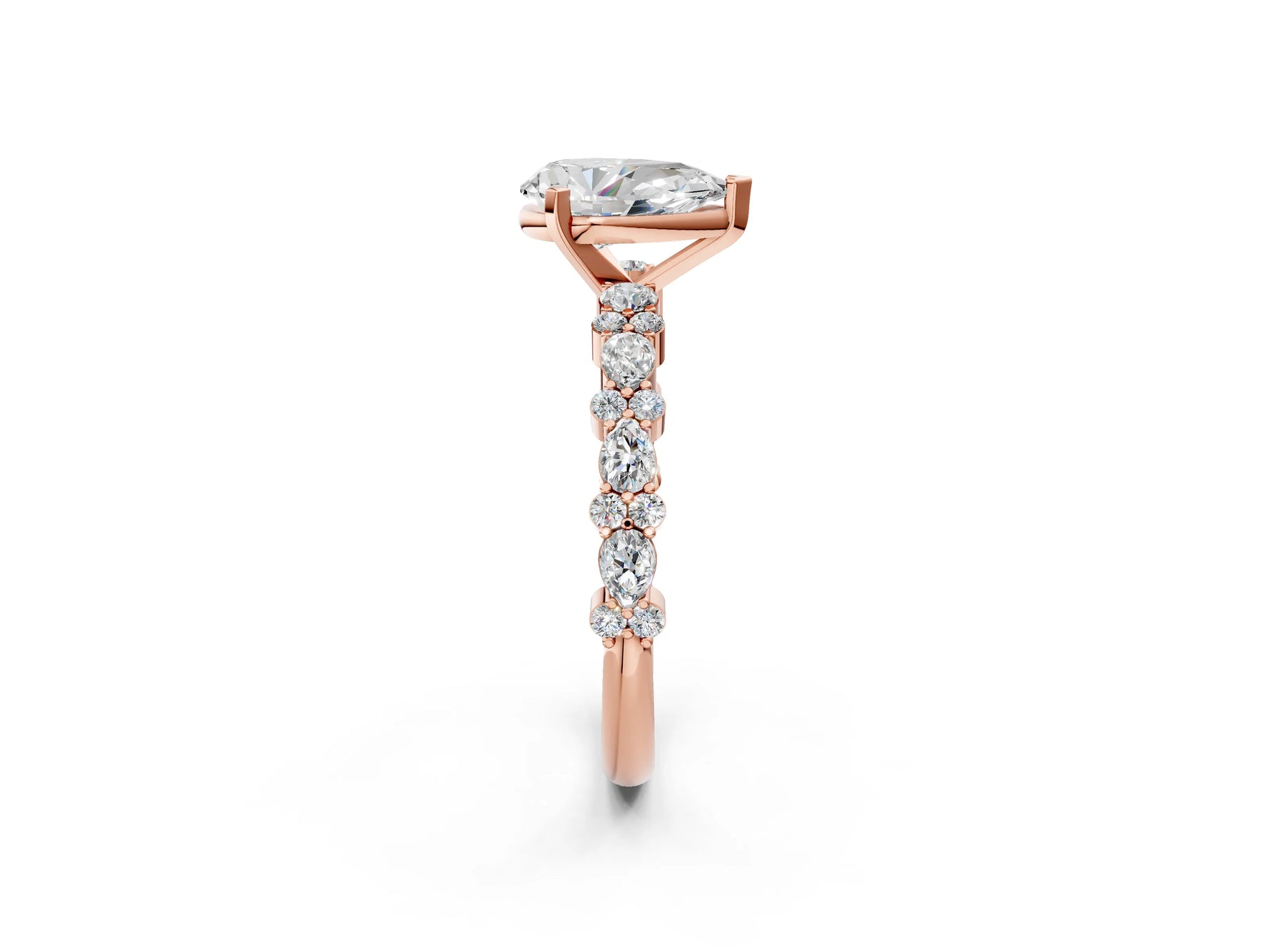 Pear Cut Diamond Solitaire Ring in Rose gold with Pear and Round Cluster Band_14