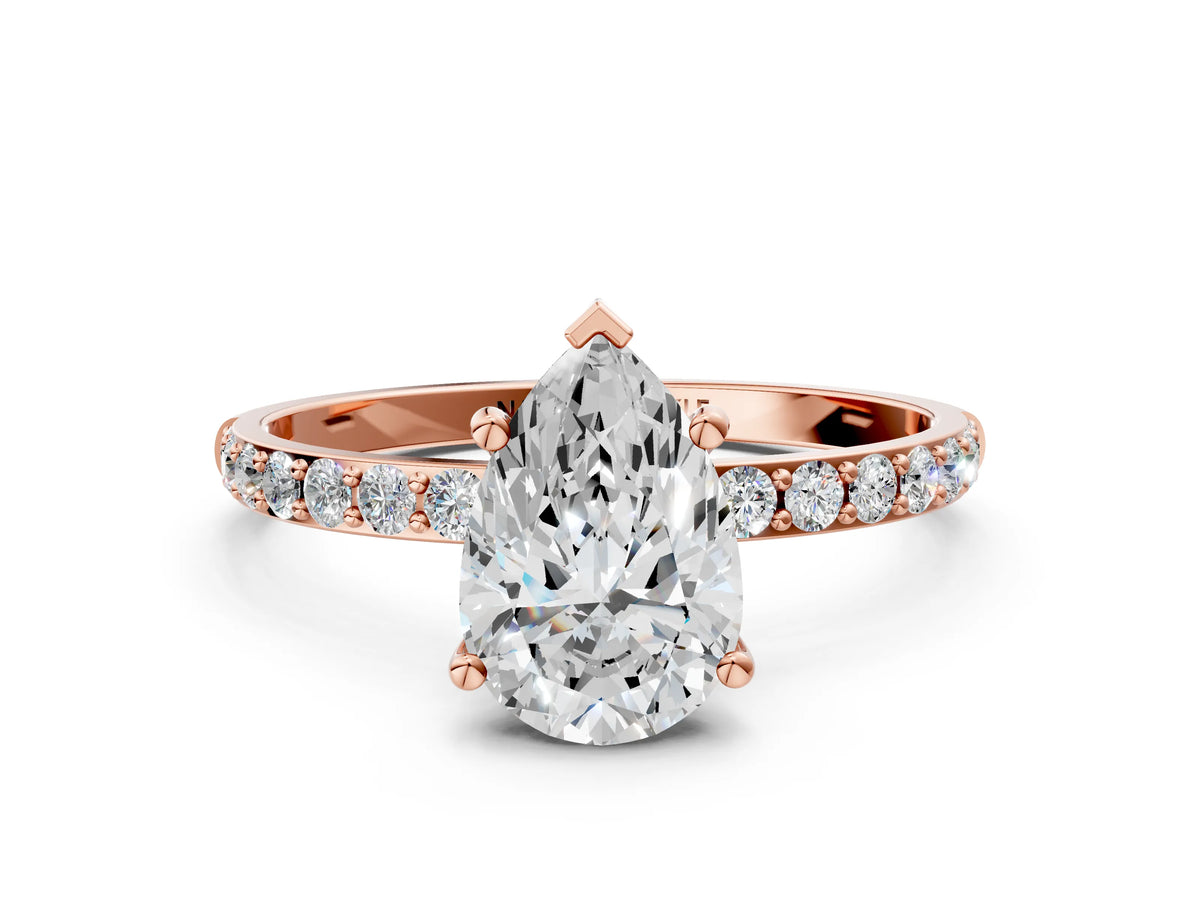 Pear Cut Diamond Solitaire Ring in Rose gold with Round Pavé Band_30