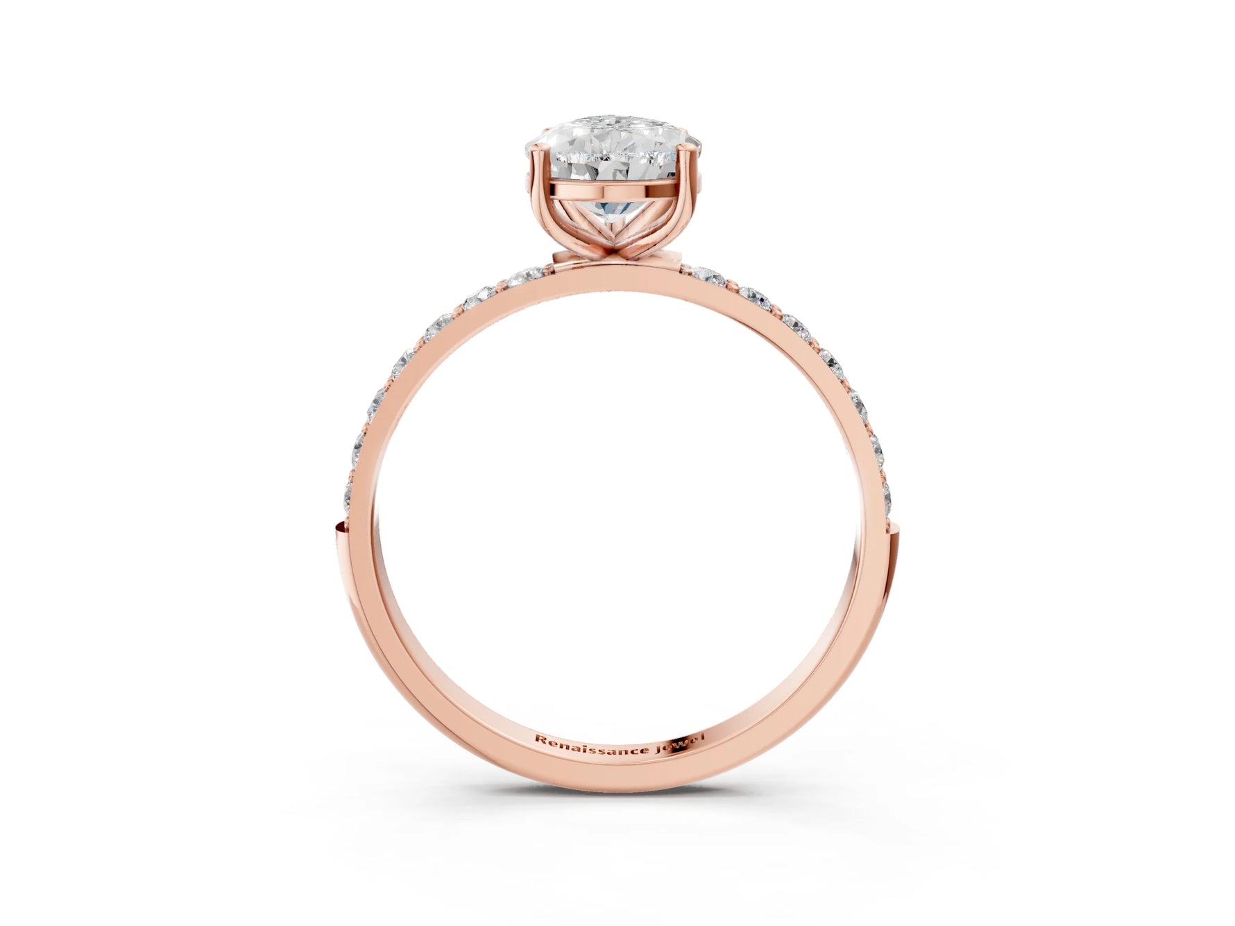 Pear Cut Diamond Solitaire Ring in Rose gold with Round Pavé Band_9