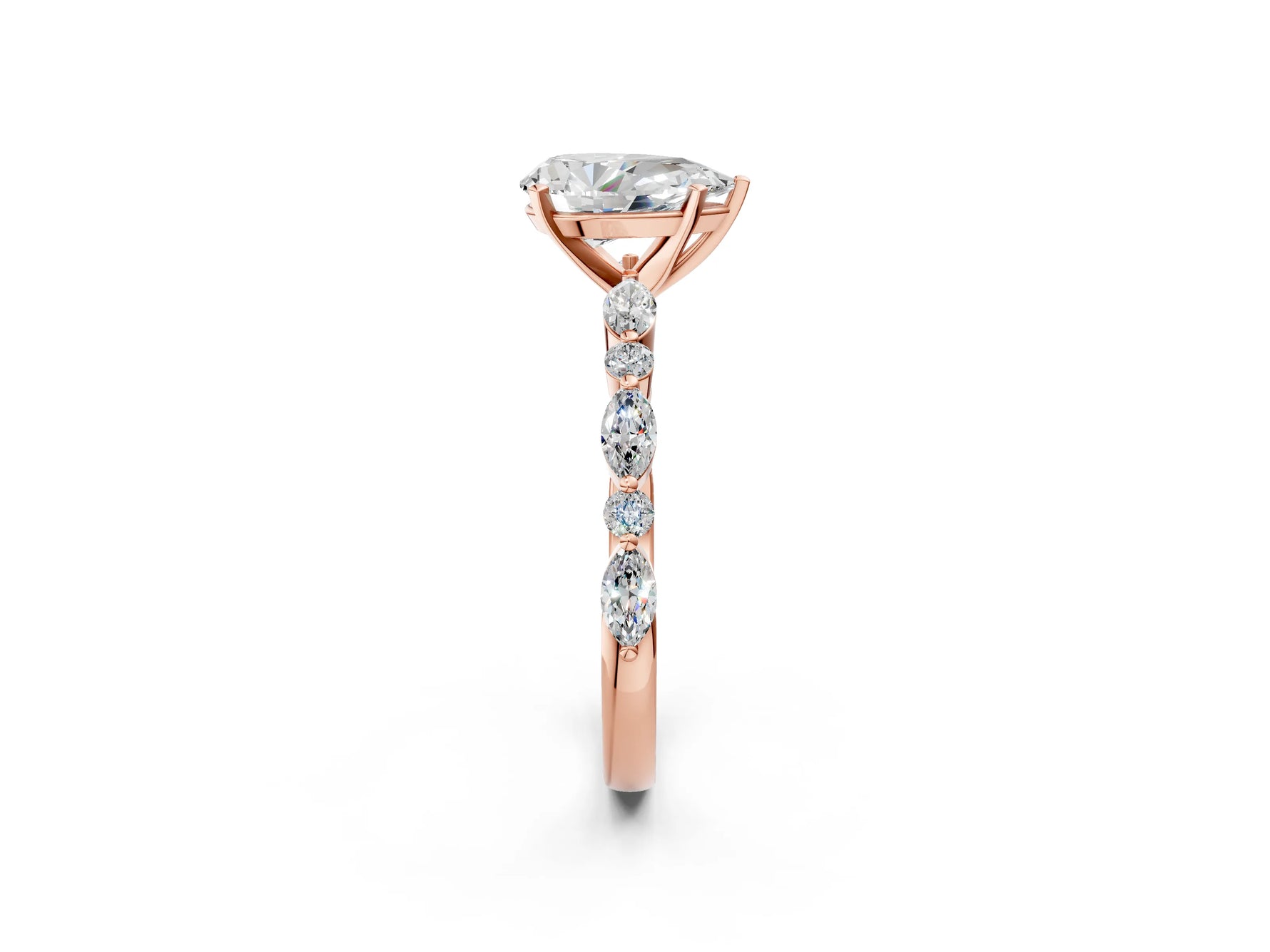 Pear Cut Diamond Solitaire Ring in Rose gold with Shared Prong Marquise and Round Side Stones_14