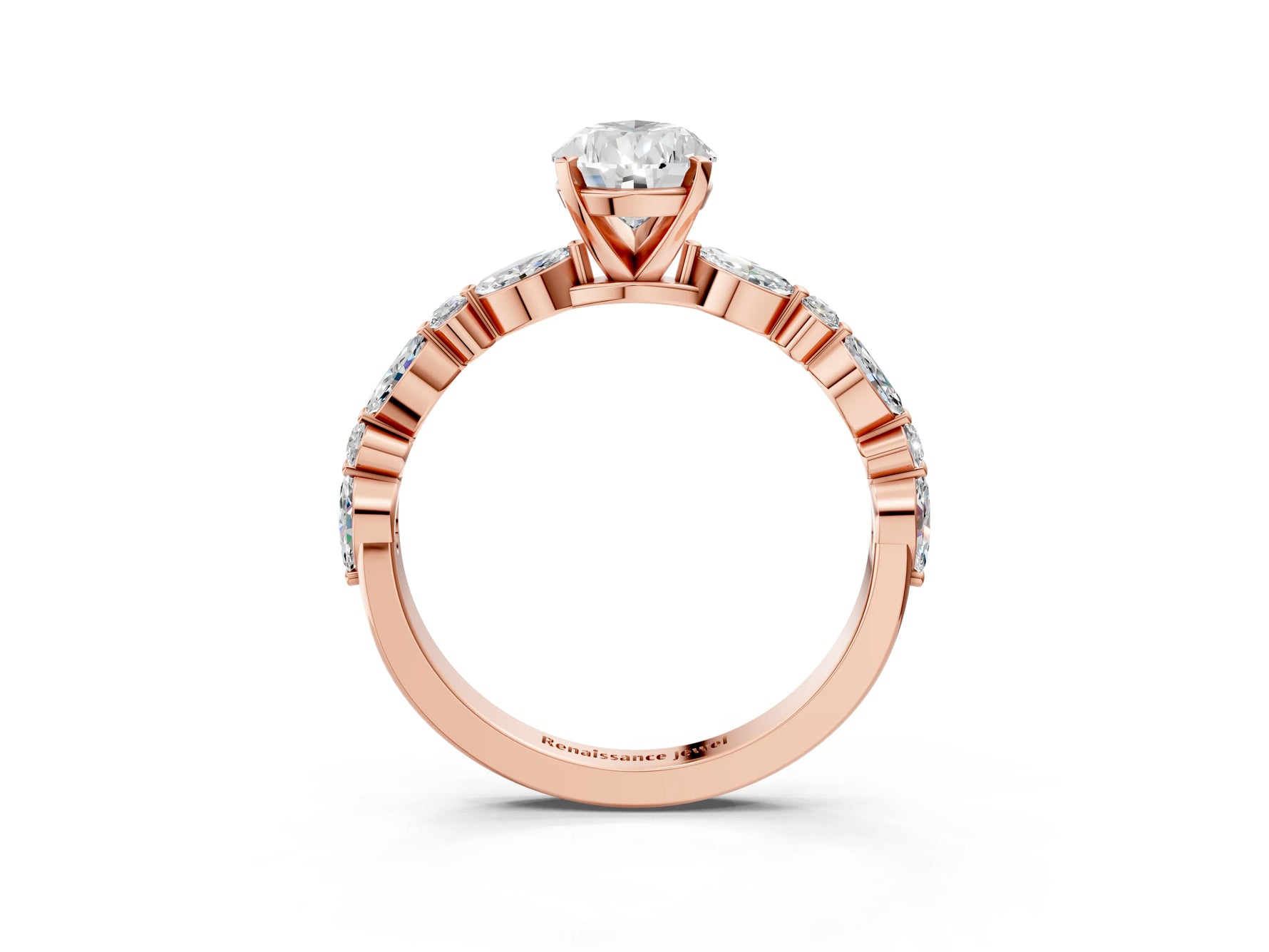 Pear Cut Diamond Solitaire Ring in Rose gold with Shared Prong Marquise and Round Side Stones_15