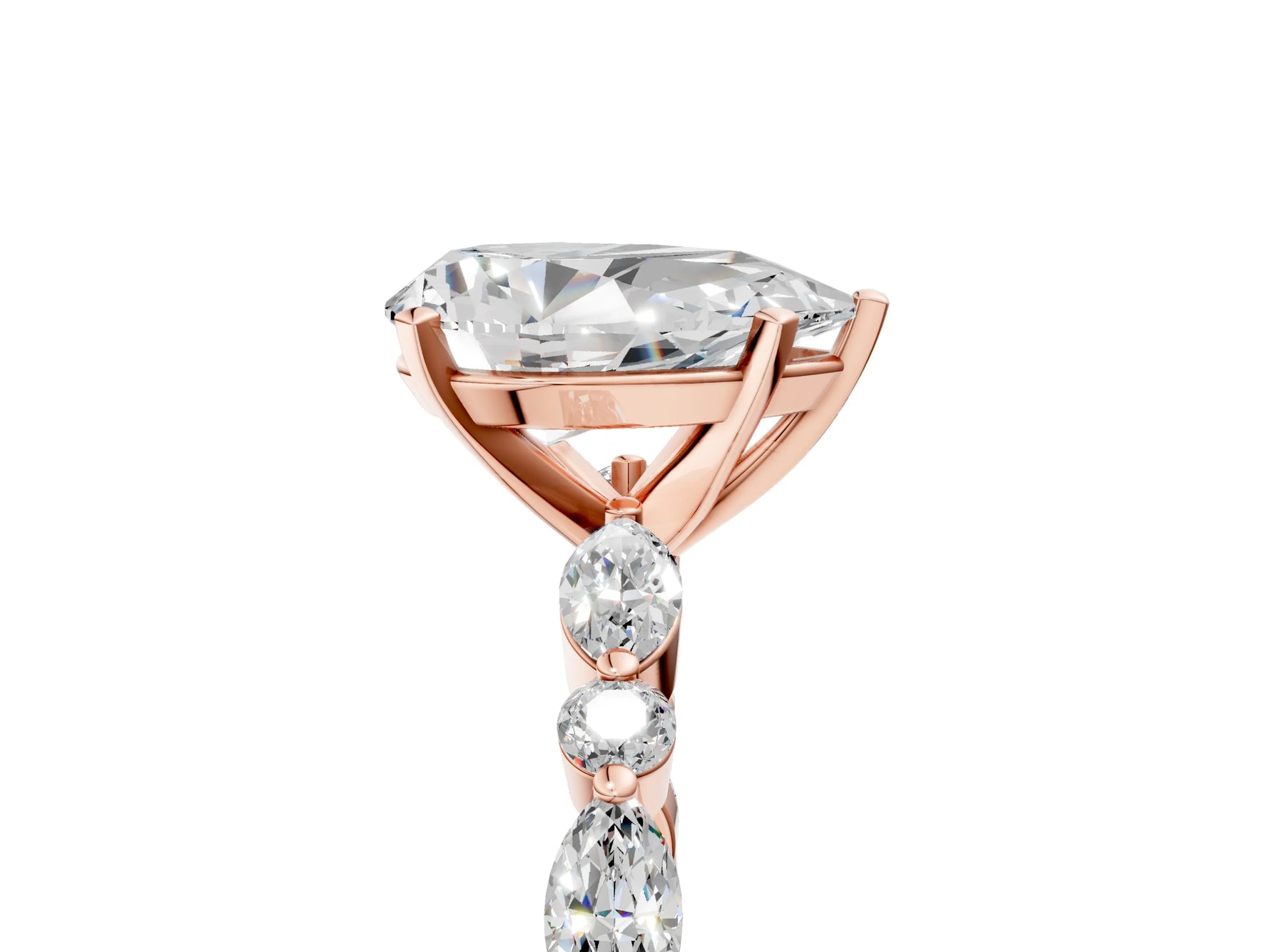 Pear Cut Diamond Solitaire Ring in Rose gold with Shared Prong Marquise and Round Side Stones_17
