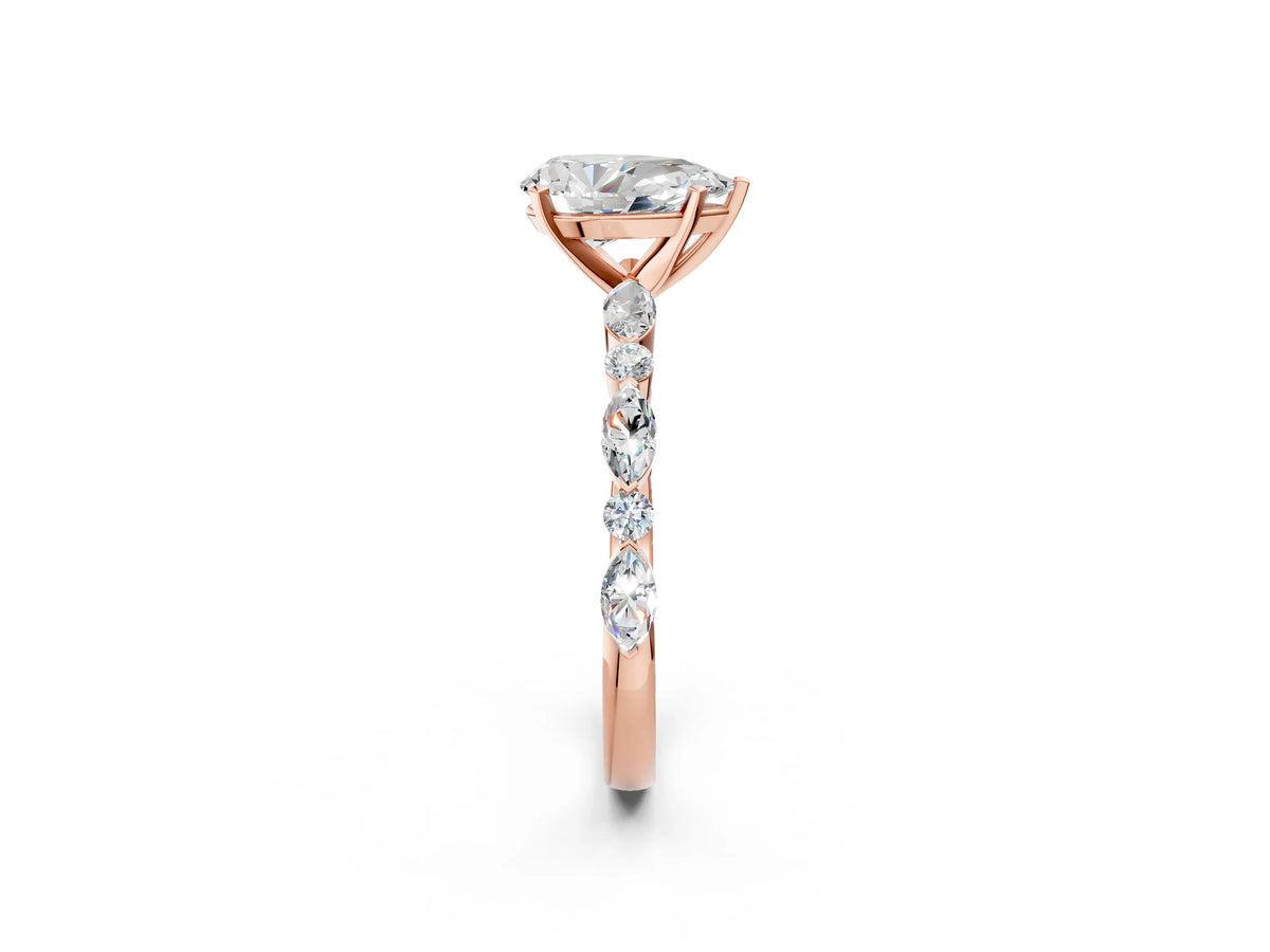 Pear Cut Diamond Solitaire Ring in Rose gold with Shared Prong Marquise and Round Side Stones_38