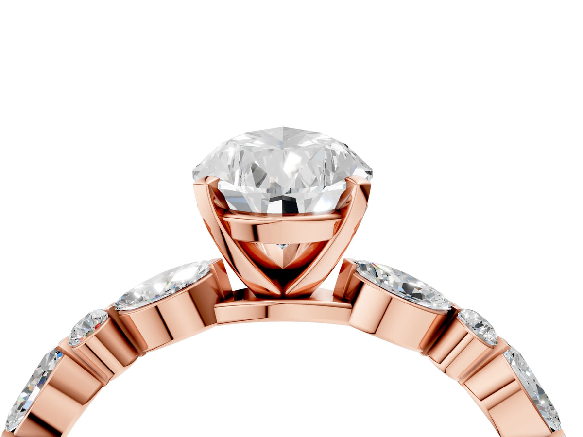 Pear Cut Diamond Solitaire Ring in Rose gold with Shared Prong Marquise and Round Side Stones_40