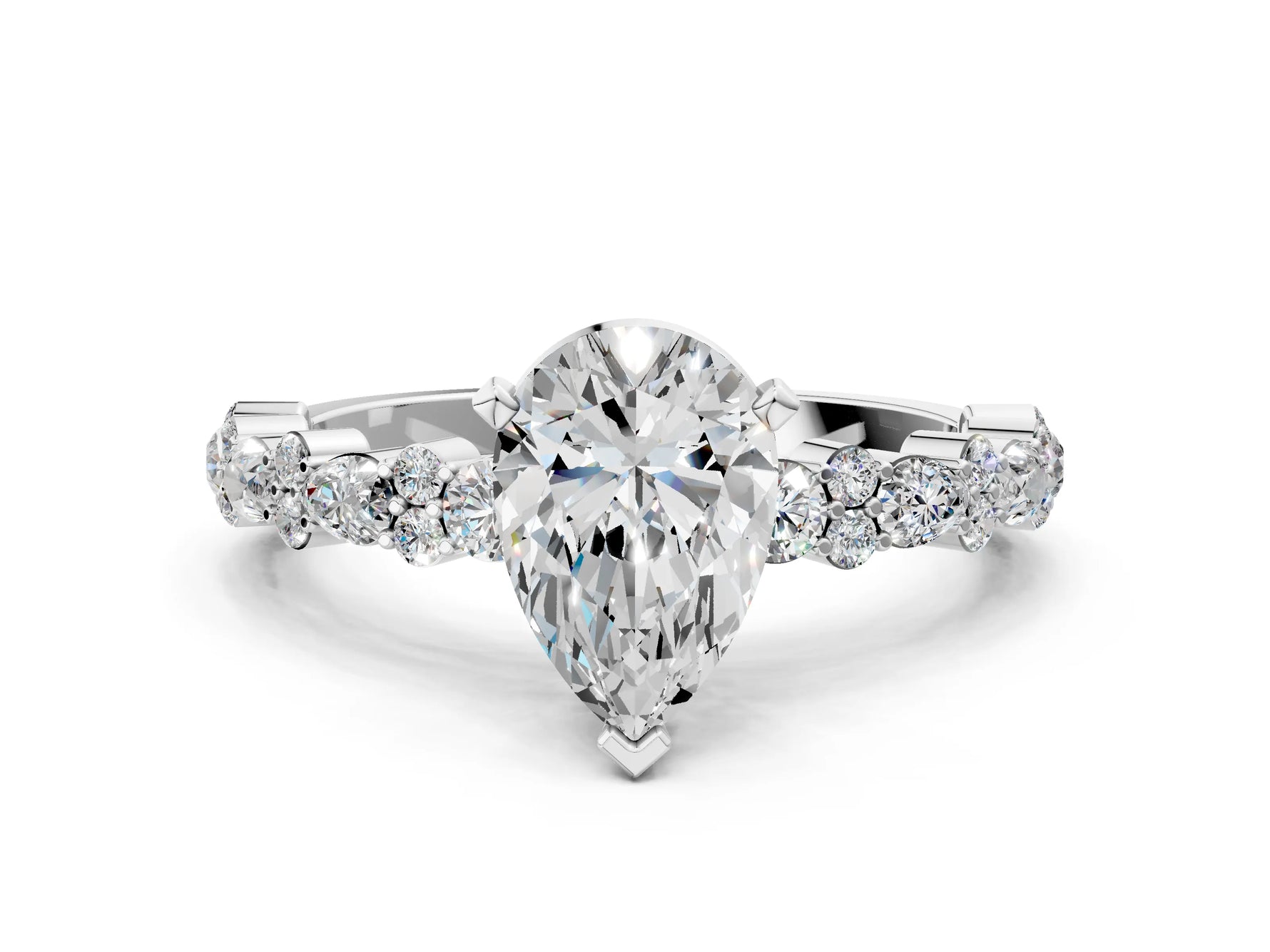 Pear Cut Diamond Solitaire Ring in White gold with Pear and Round Cluster Band_12