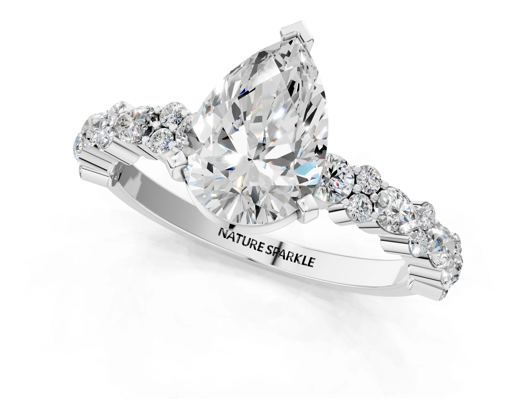 Pear Cut Diamond Solitaire Ring in White gold with Pear and Round Cluster Band_13