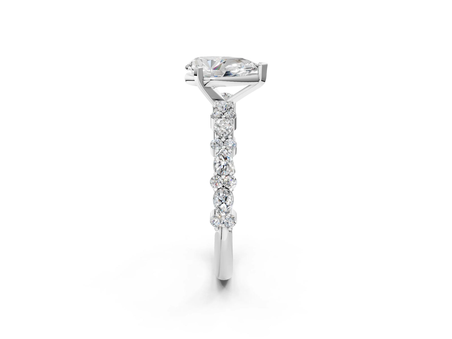 Pear Cut Diamond Solitaire Ring in White gold with Pear and Round Cluster Band_14