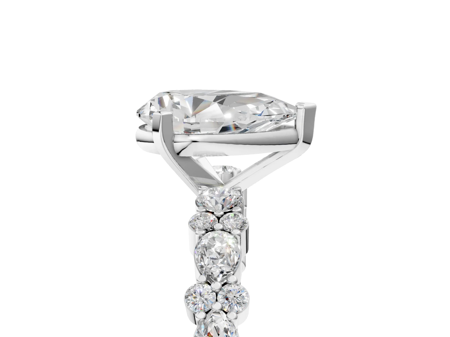 Pear Cut Diamond Solitaire Ring in White gold with Pear and Round Cluster Band_17