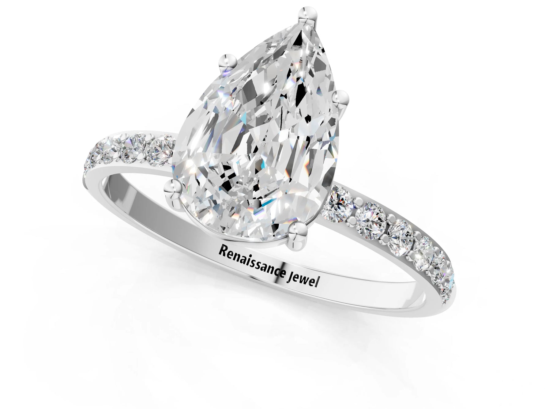 Pear Cut Diamond Solitaire Ring in White gold with Round Pavé Band_7