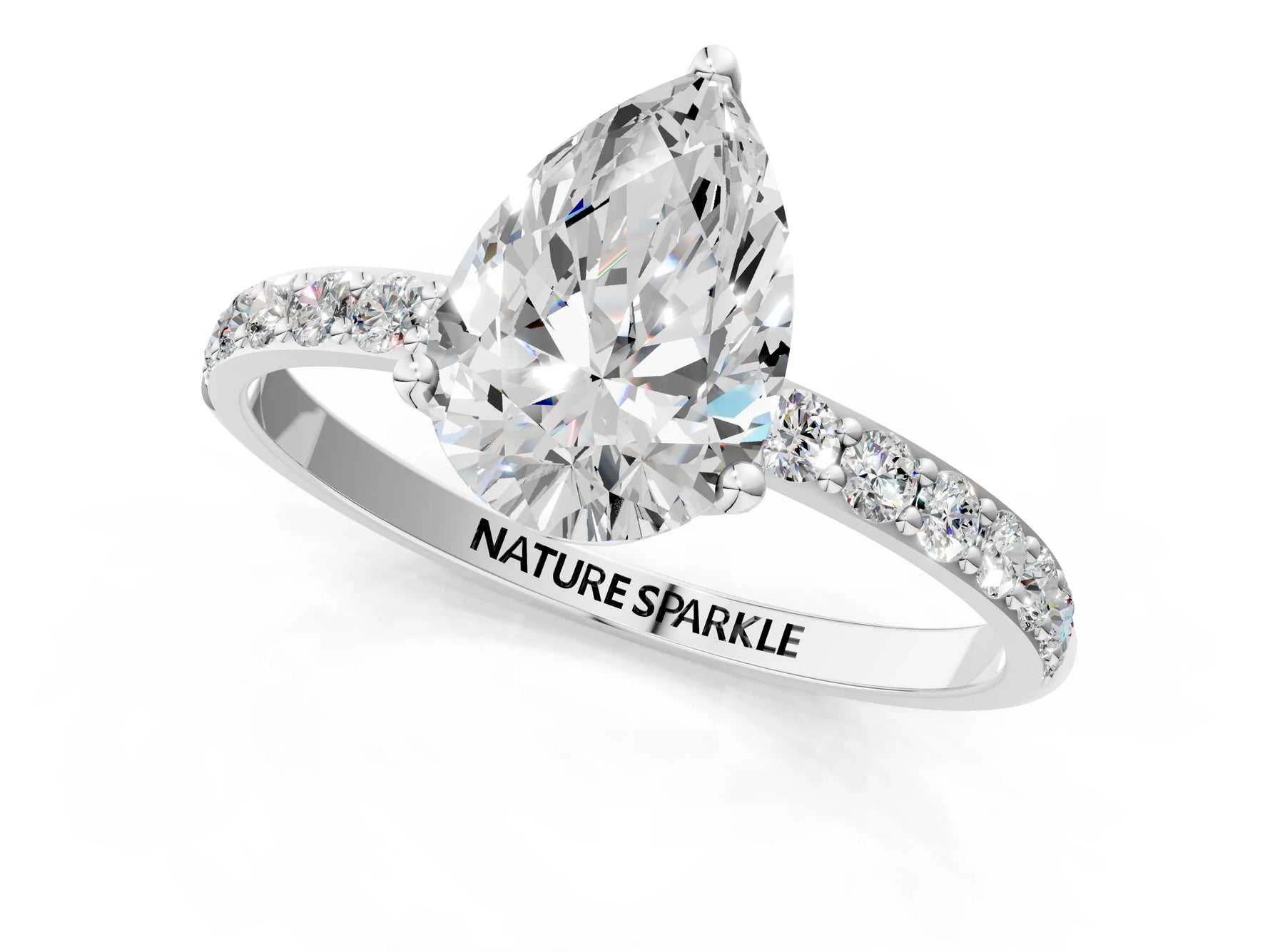 Pear Cut Diamond Solitaire Ring in White gold with Round Shared Prong Pavé Band_19