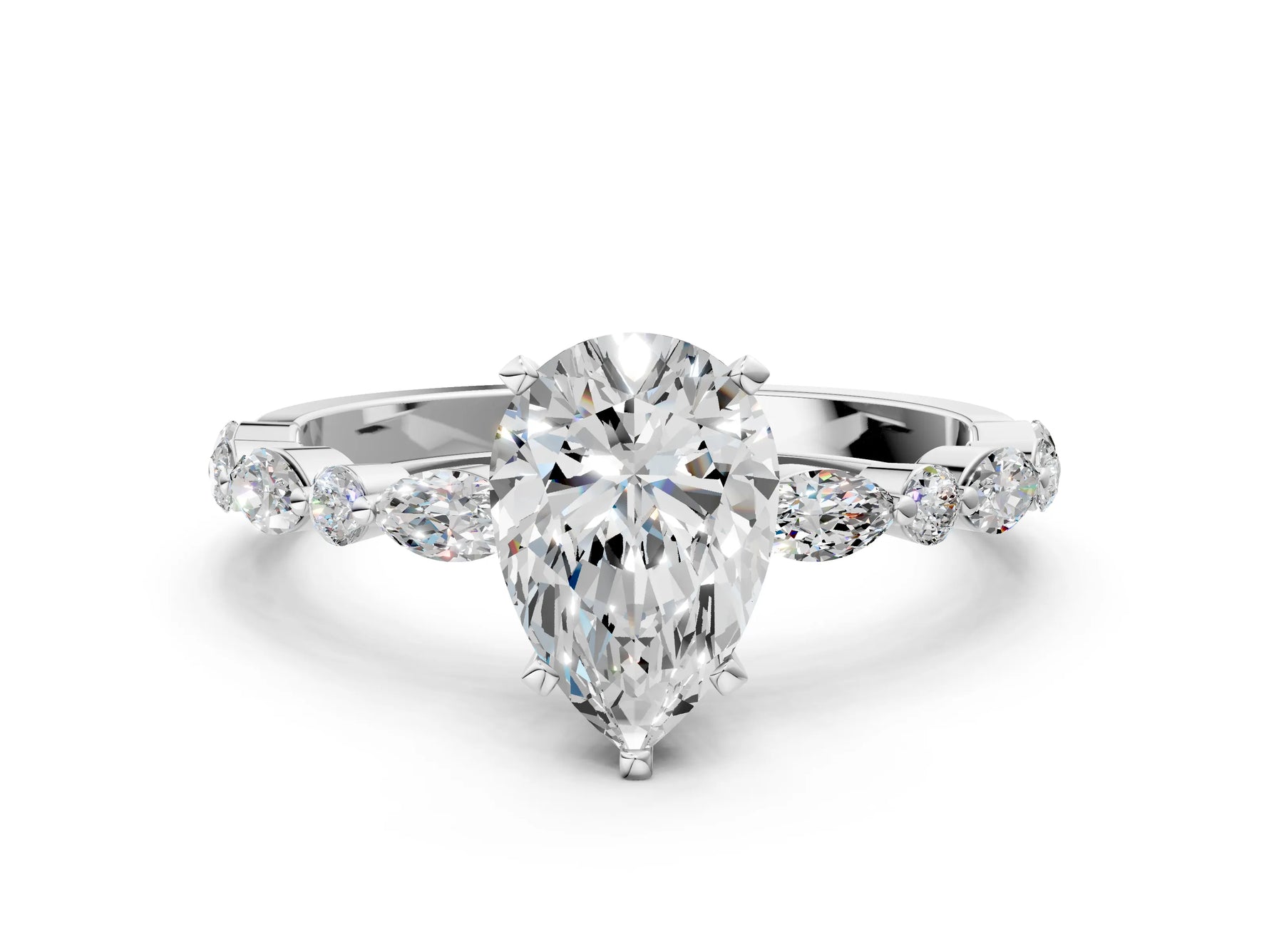 Pear Cut Diamond Solitaire Ring in White gold with Shared Prong Marquise and Round Side Stones_12