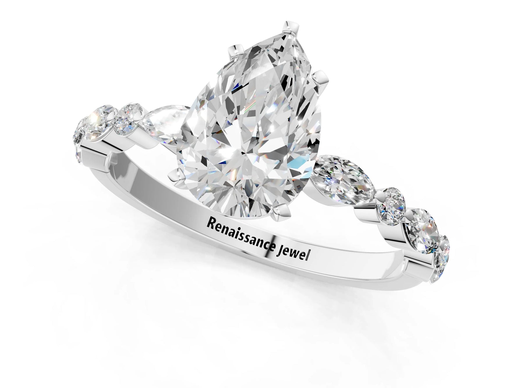 Pear Cut Diamond Solitaire Ring in White gold with Shared Prong Marquise and Round Side Stones_13