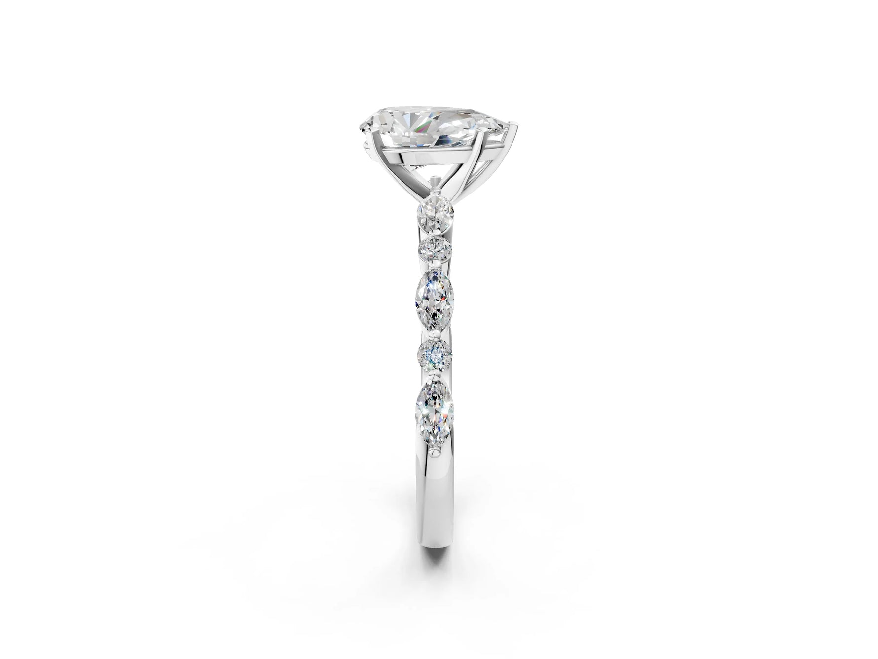 Pear Cut Diamond Solitaire Ring in White gold with Shared Prong Marquise and Round Side Stones_14