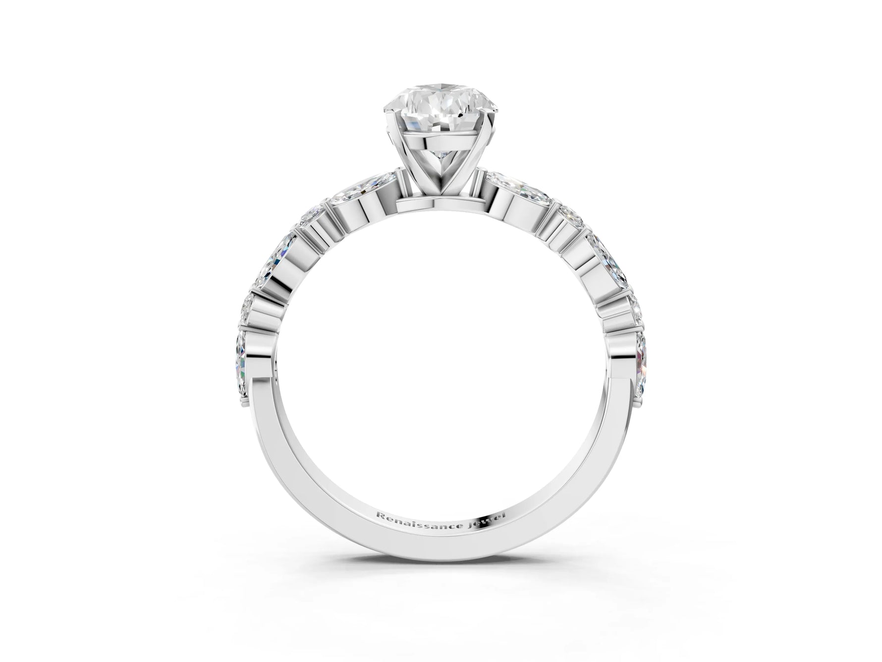 Pear Cut Diamond Solitaire Ring in White gold with Shared Prong Marquise and Round Side Stones_15