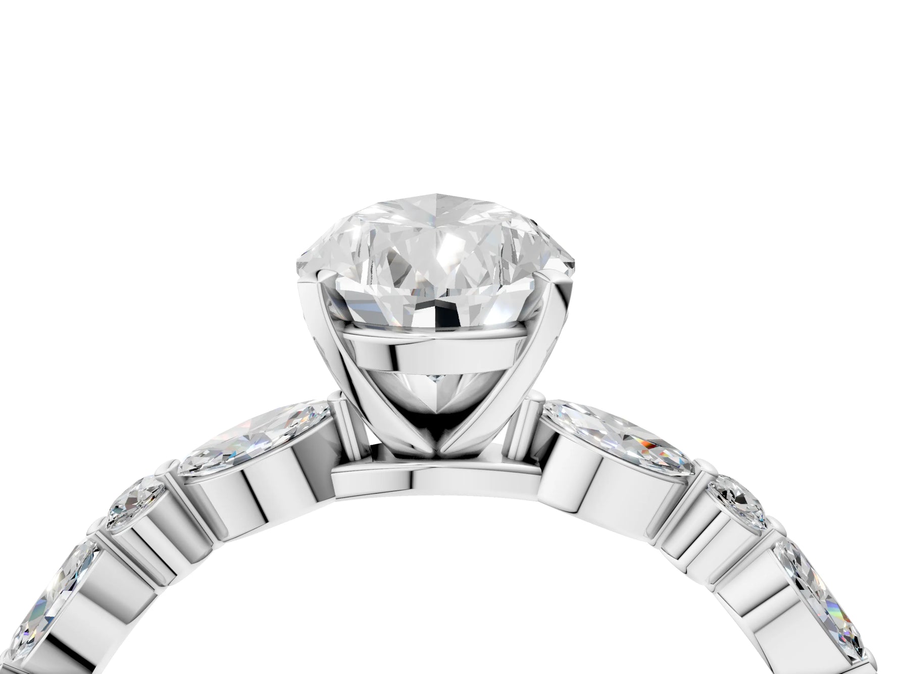 Pear Cut Diamond Solitaire Ring in White gold with Shared Prong Marquise and Round Side Stones_16