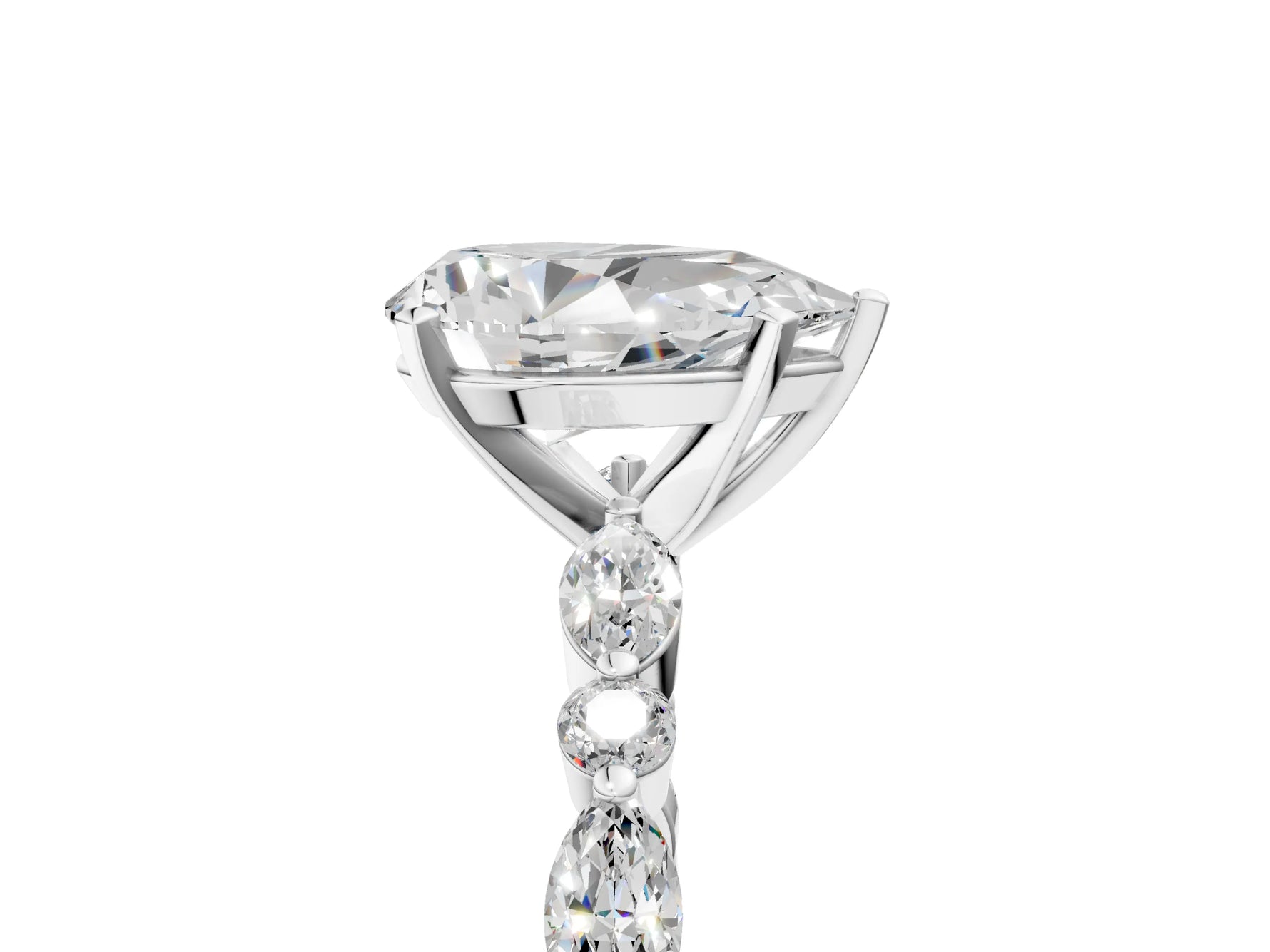Pear Cut Diamond Solitaire Ring in White gold with Shared Prong Marquise and Round Side Stones_17