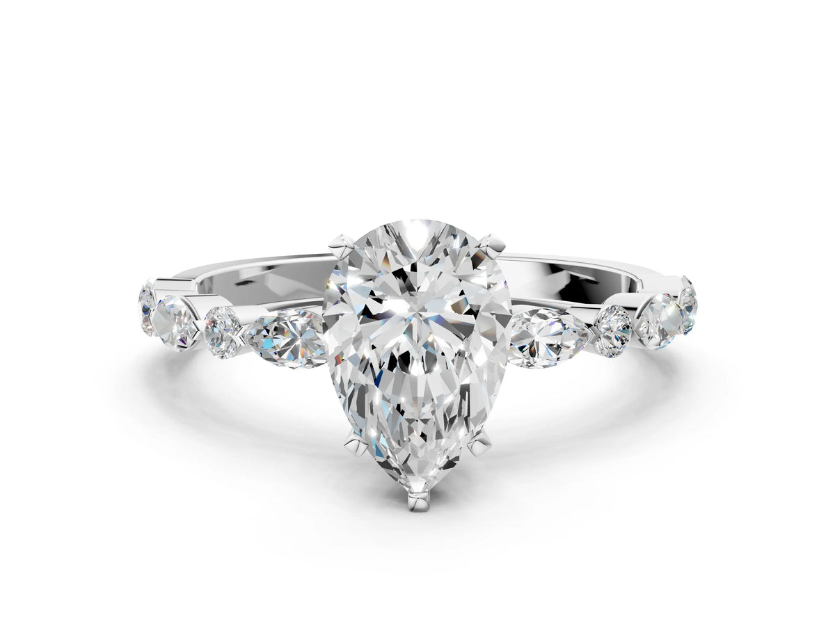 Pear Cut Diamond Solitaire Ring in White gold with Shared Prong Marquise and Round Side Stones_36