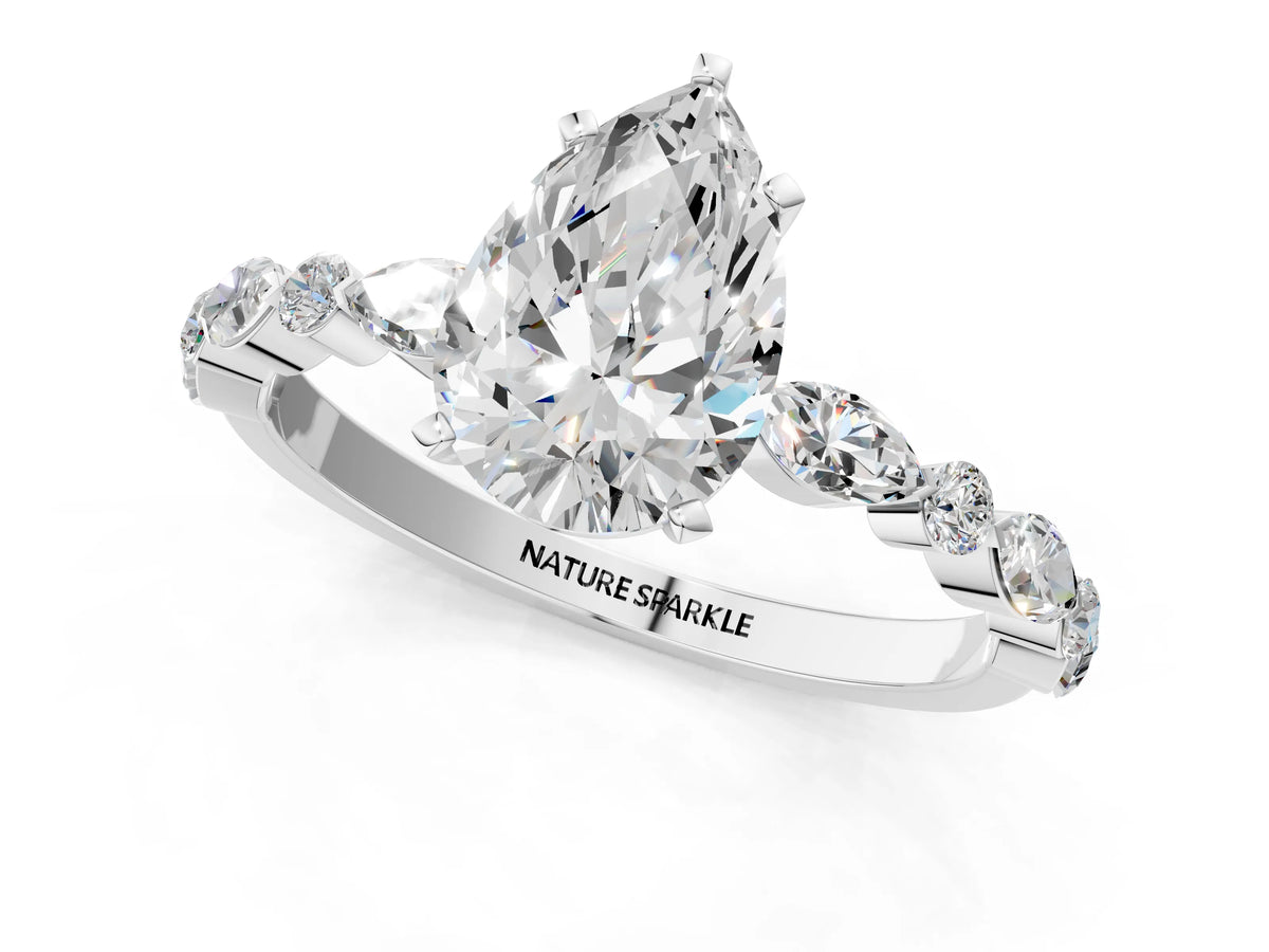 Pear Cut Diamond Solitaire Ring in White gold with Shared Prong Marquise and Round Side Stones_37
