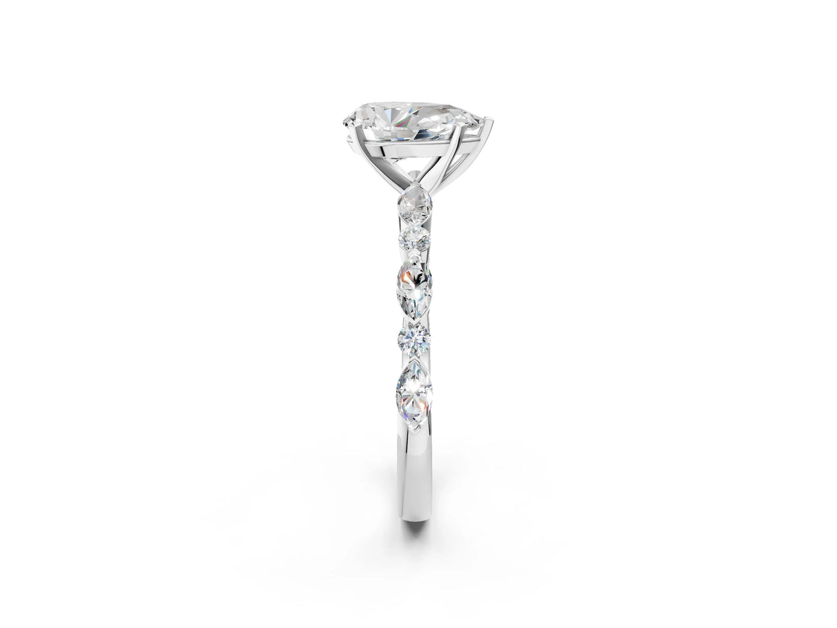 Pear Cut Diamond Solitaire Ring in White gold with Shared Prong Marquise and Round Side Stones_38