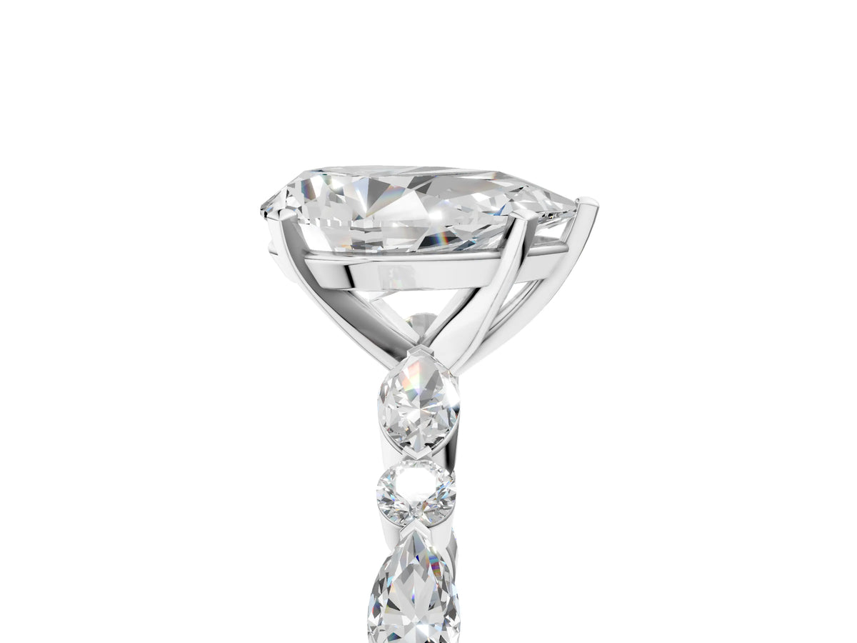 Pear Cut Diamond Solitaire Ring in White gold with Shared Prong Marquise and Round Side Stones_41