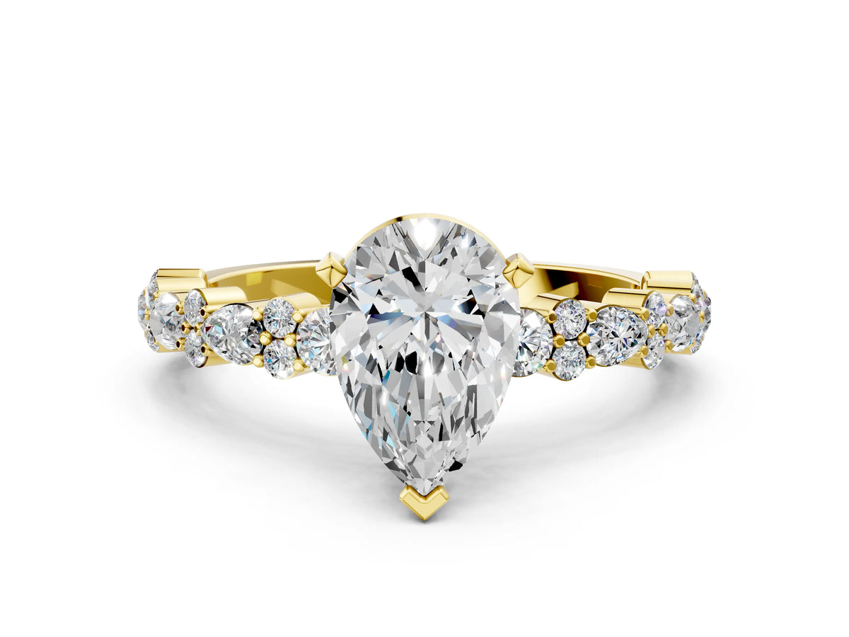 Pear Cut Diamond Solitaire Ring in Yellow gold with Pear and Round Cluster Band_12