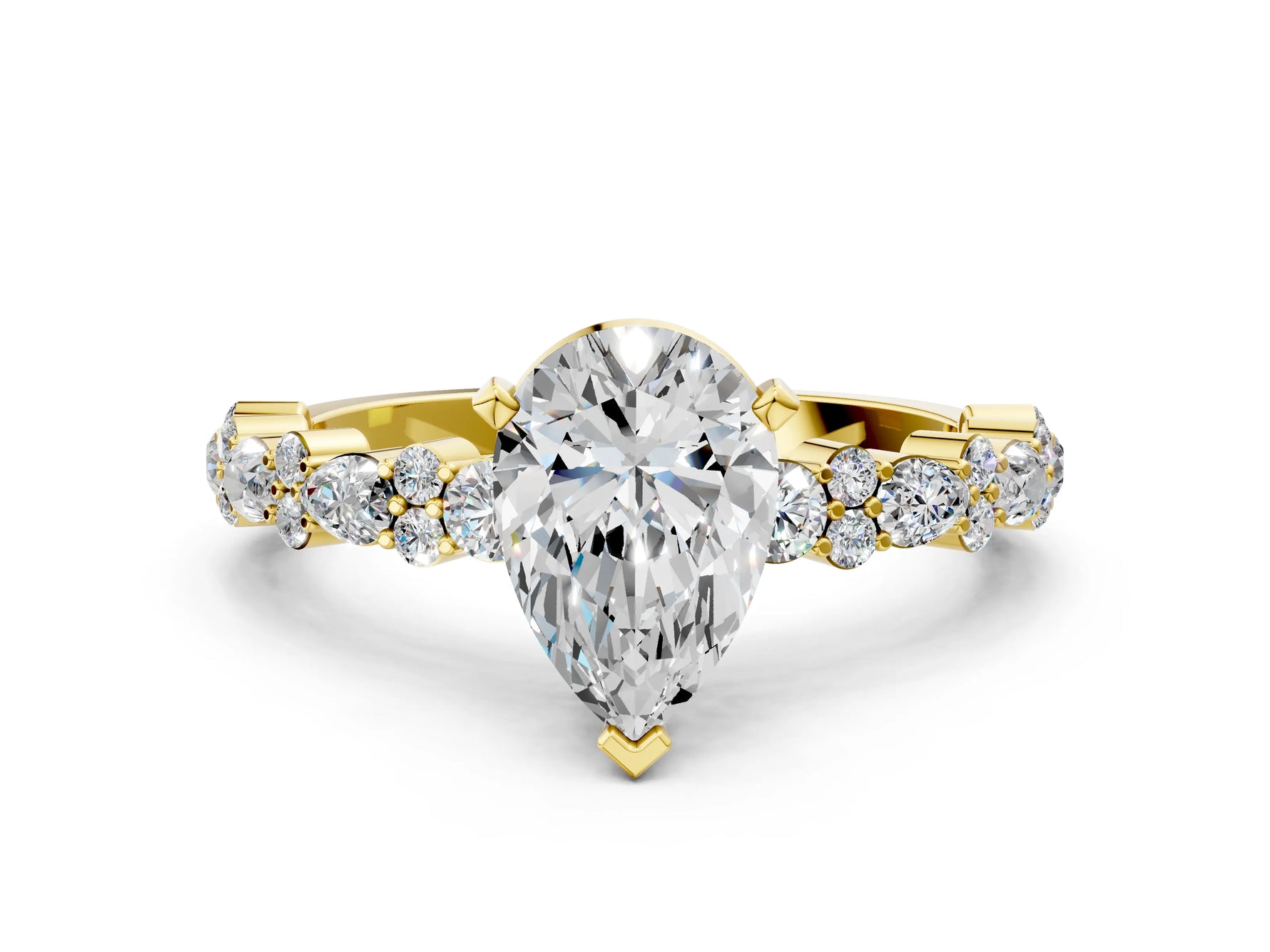 Pear Cut Diamond Solitaire Ring in Yellow gold with Pear and Round Cluster Band_12