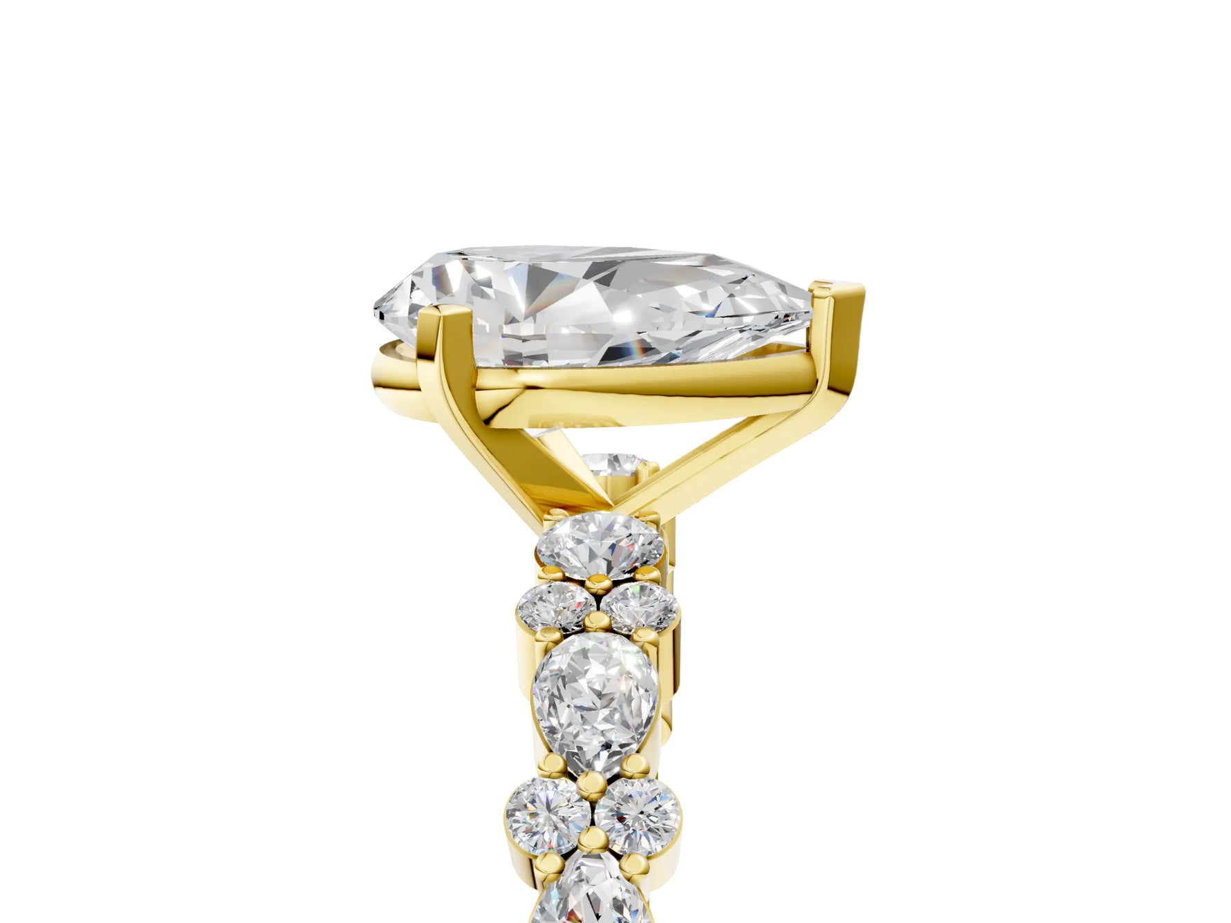 Pear Cut Diamond Solitaire Ring in Yellow gold with Pear and Round Cluster Band_17