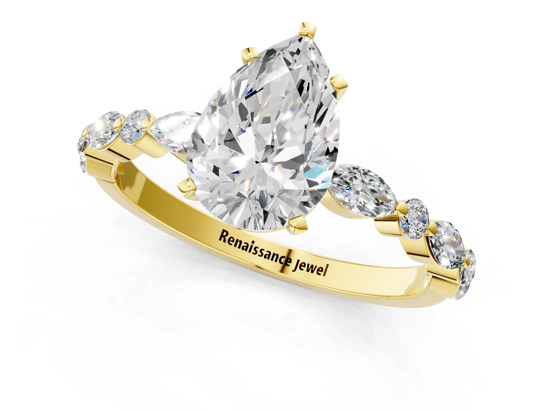 Pear Cut Diamond Solitaire Ring in Yellow gold with Shared Prong Marquise and Round Side Stones_13