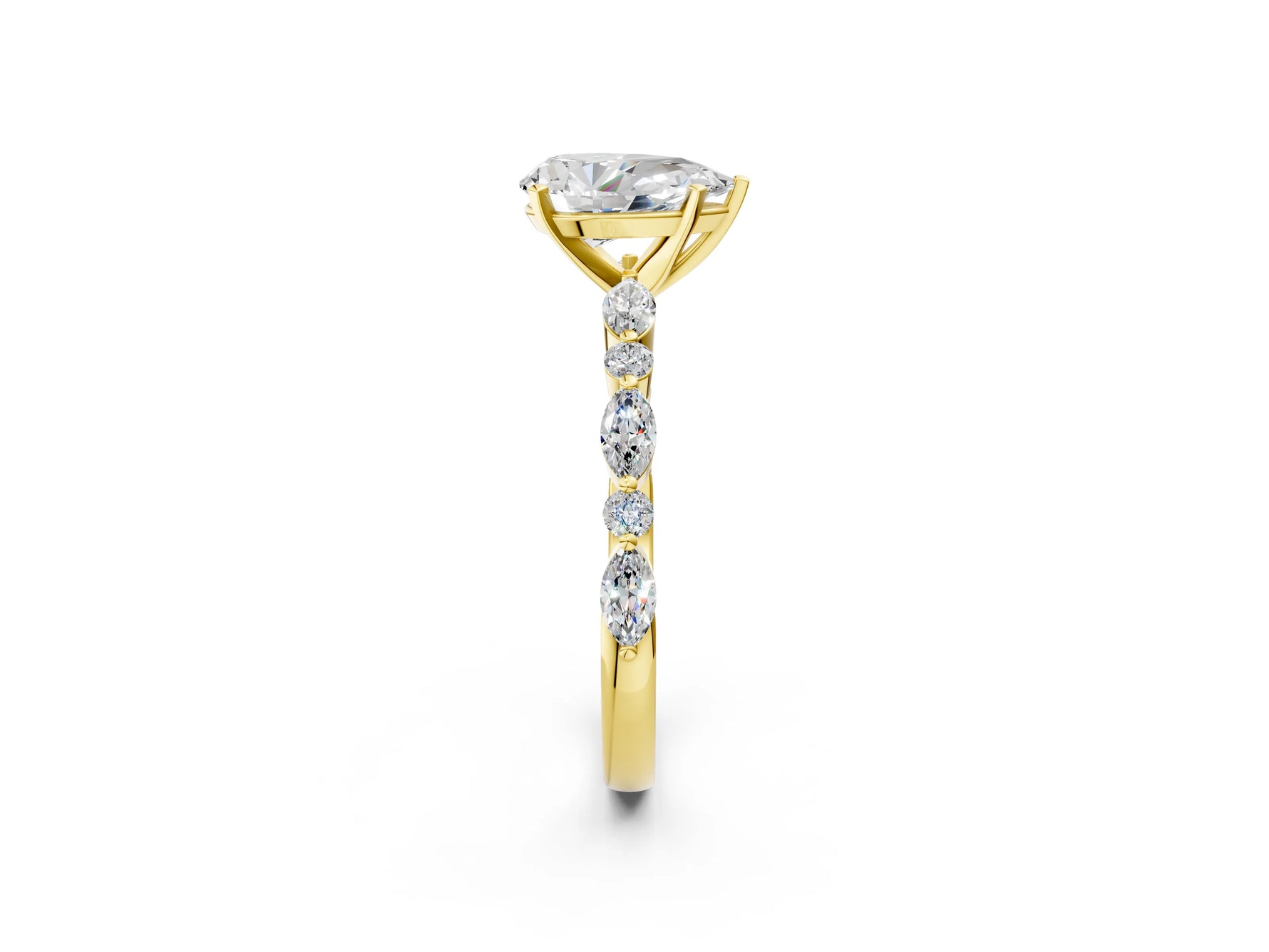 Pear Cut Diamond Solitaire Ring in Yellow gold with Shared Prong Marquise and Round Side Stones_14