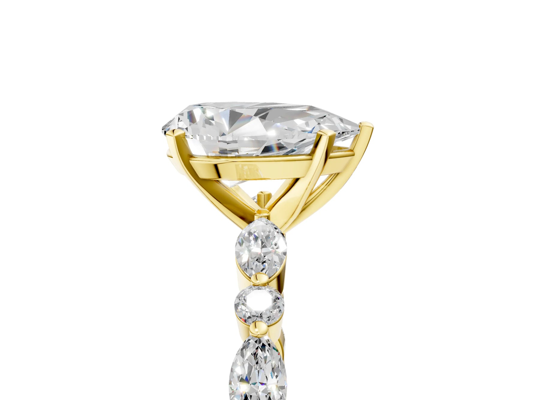 Pear Cut Diamond Solitaire Ring in Yellow gold with Shared Prong Marquise and Round Side Stones_17