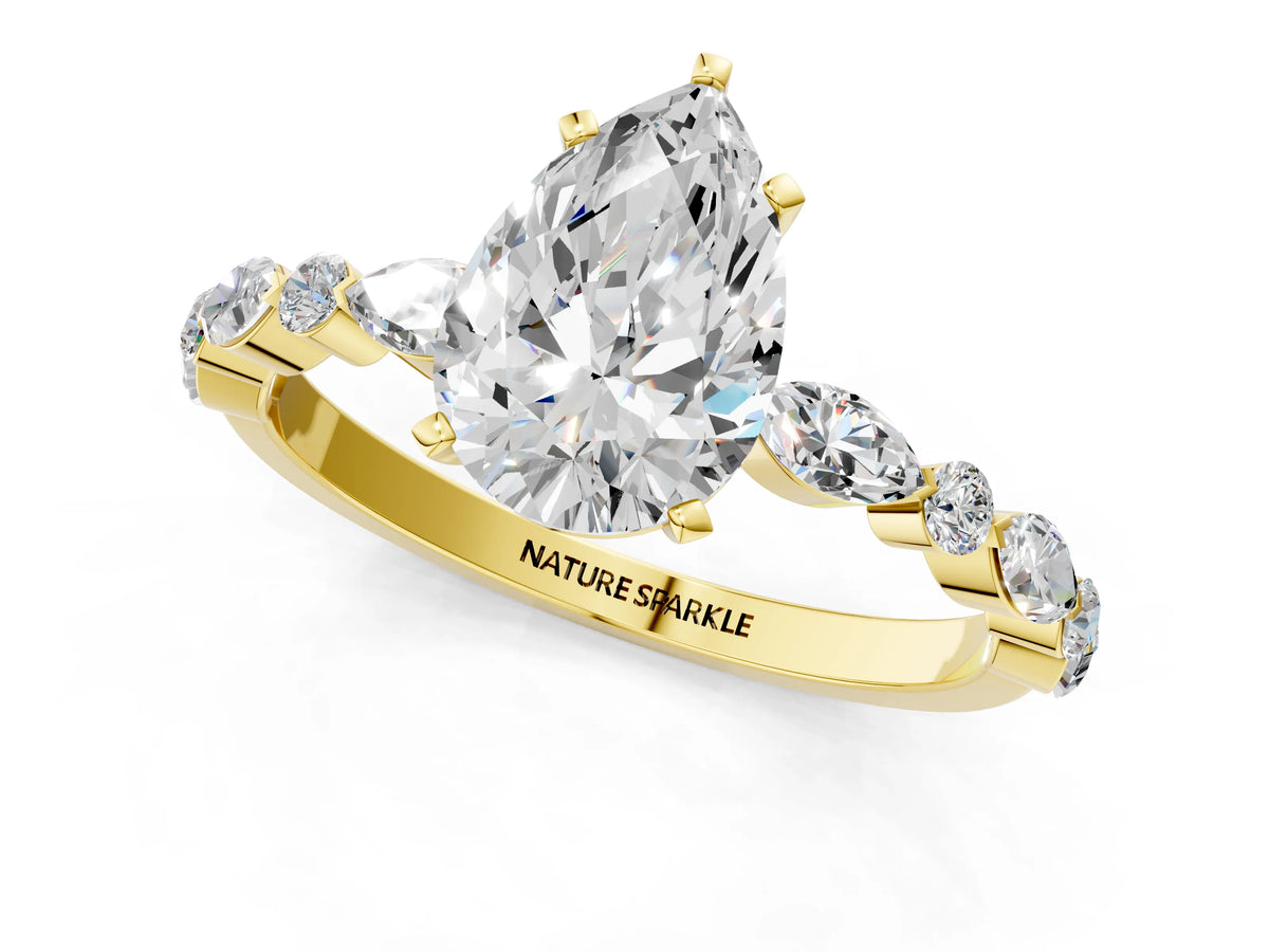 Pear Cut Diamond Solitaire Ring in Yellow gold with Shared Prong Marquise and Round Side Stones_37