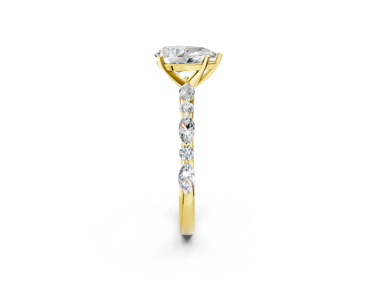 Pear Cut Diamond Solitaire Ring in Yellow gold with Shared Prong Marquise and Round Side Stones_38