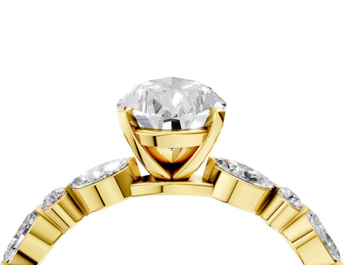 Pear Cut Diamond Solitaire Ring in Yellow gold with Shared Prong Marquise and Round Side Stones_40
